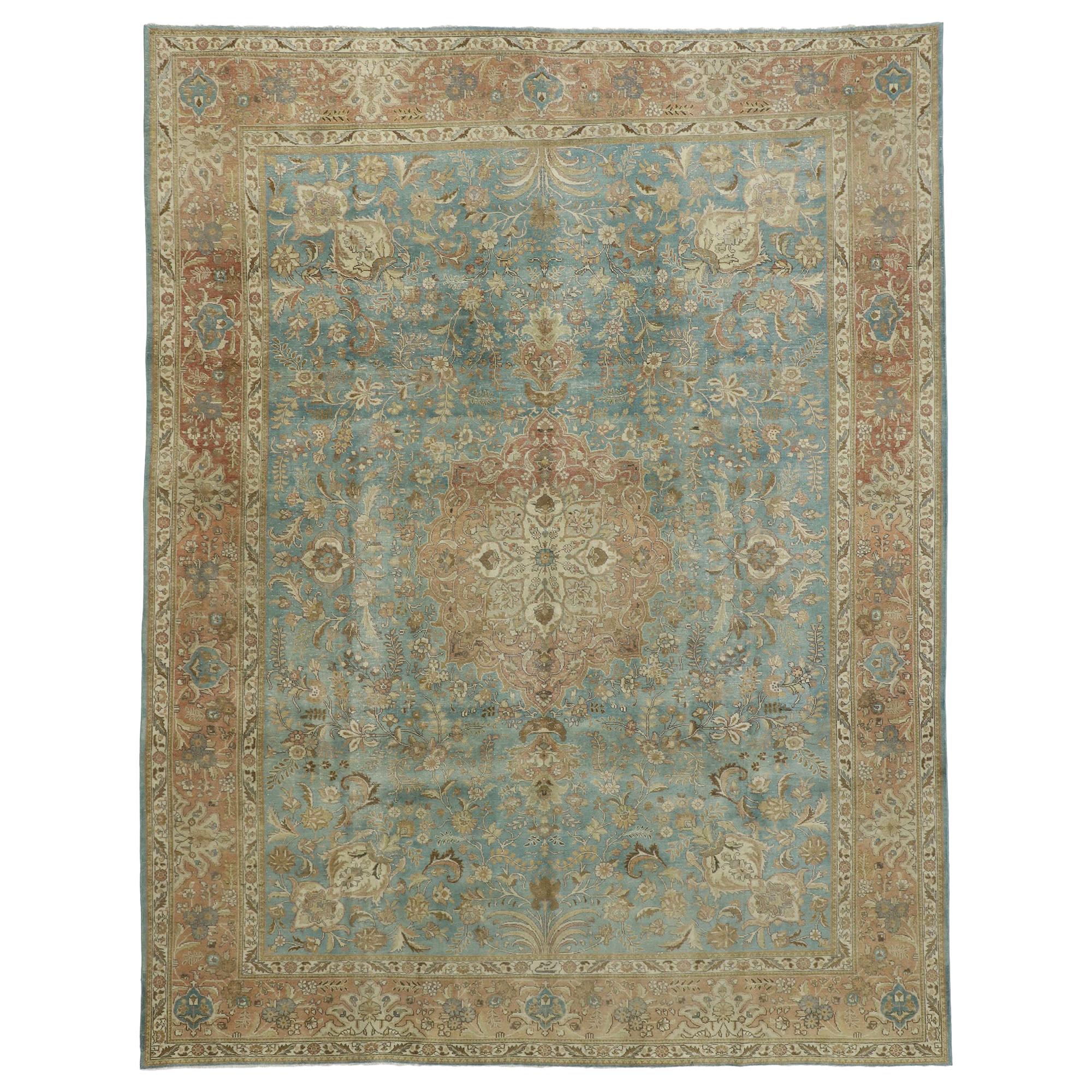 Distressed Vintage Tabriz Rug with Gustavian Style For Sale