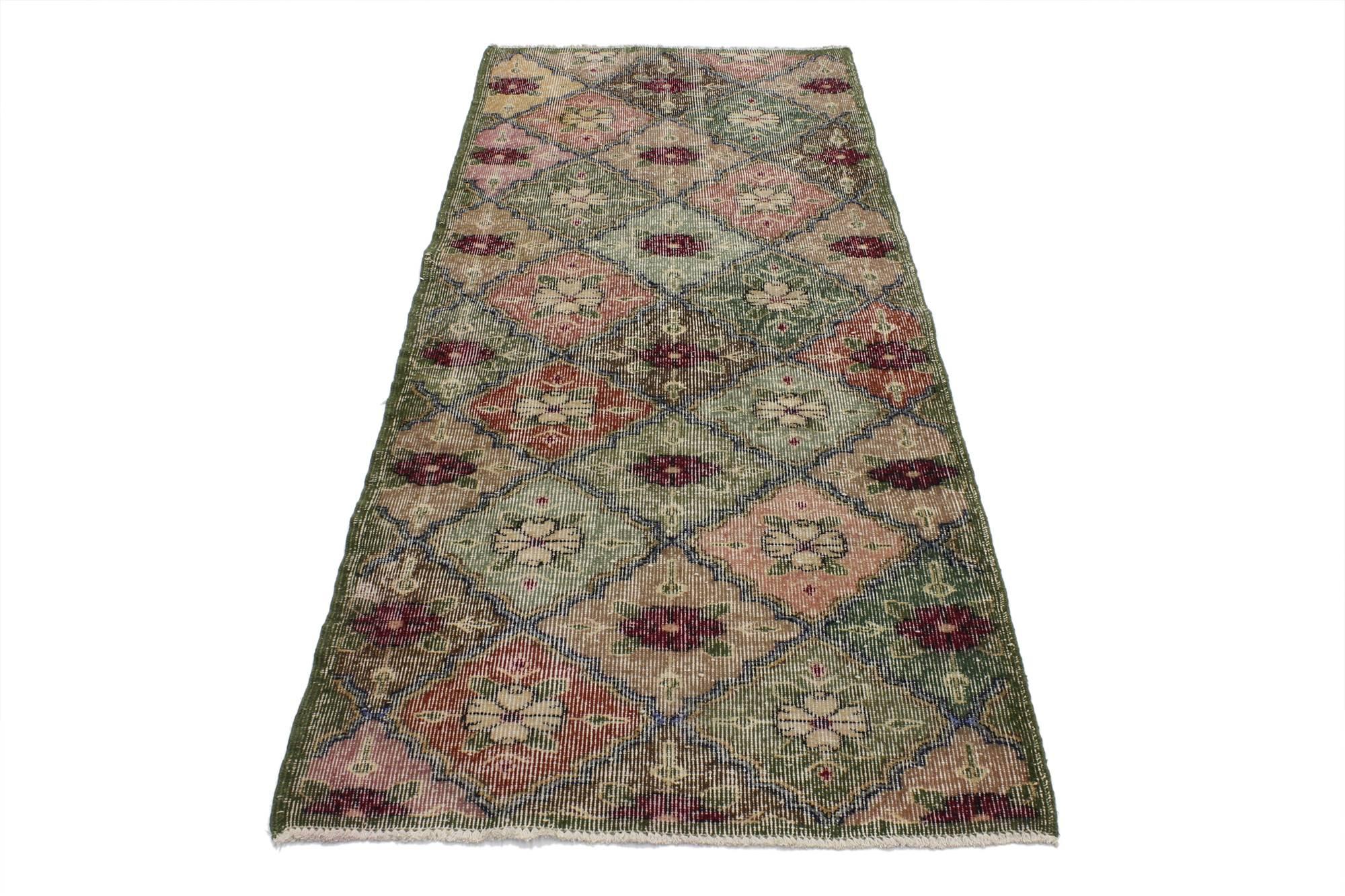 Hand-Knotted Distressed Vintage Turkish Sivas Runner with Arts & Crafts Cottage Style