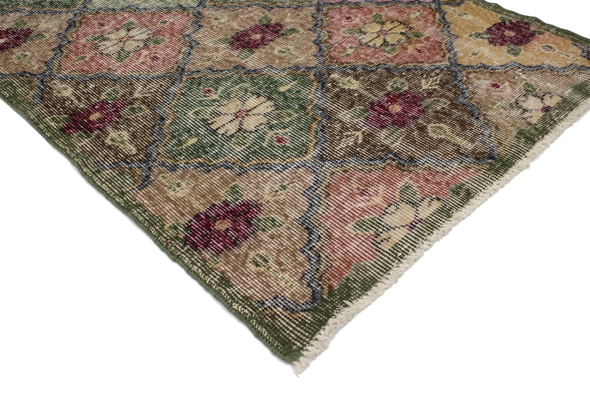 51948 Distressed Vintage Turkish Sivas Runner with Arts & Crafts Cottage Style 03'00 x 06'10. Reflecting elements of nature and botanical design, this hand knotted wool distressed vintage Turkish Sivas rug awakens the soul with elevated Arts and