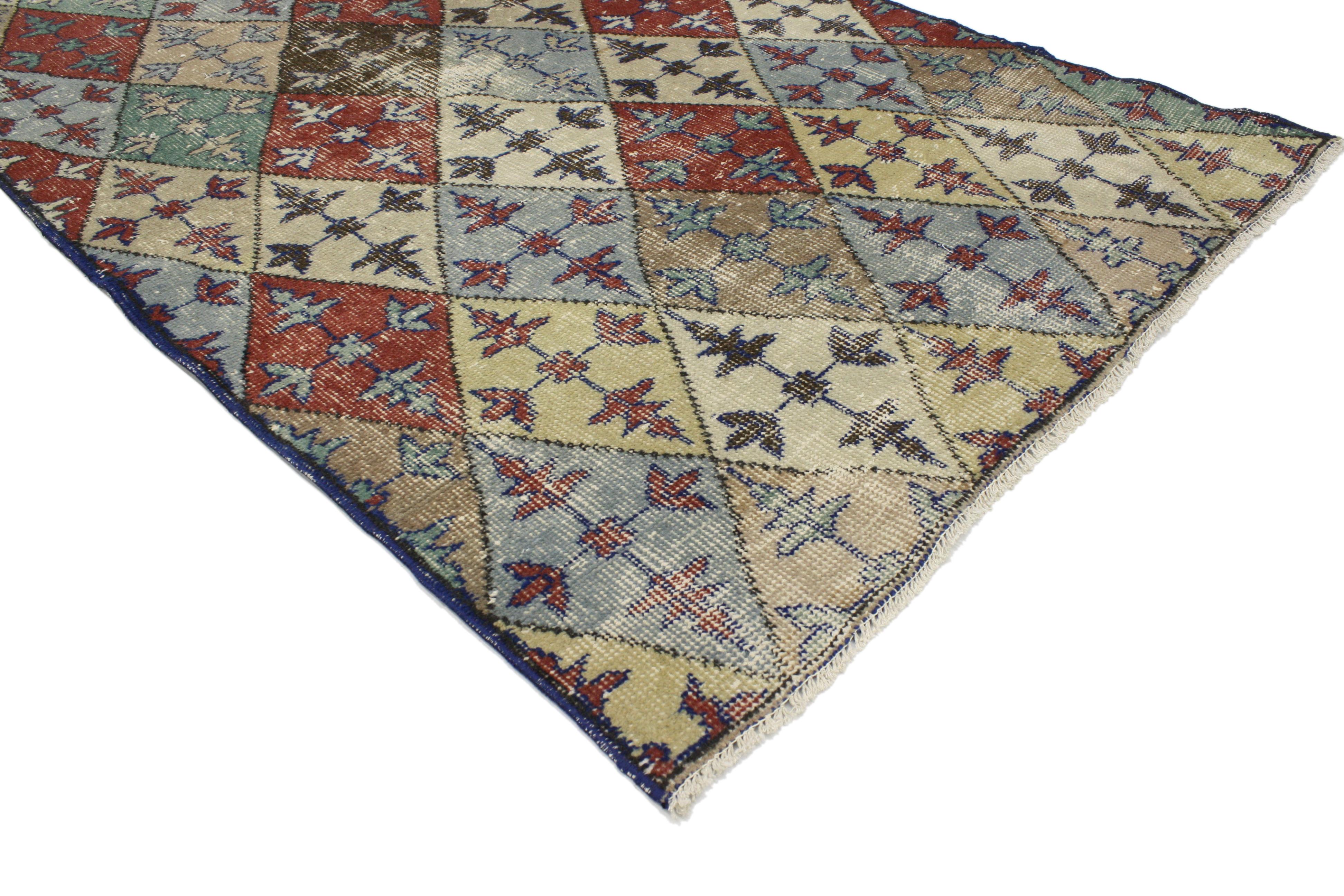 Hand-Knotted Distressed Vintage Turkish Sivas Rug with Industrial Art Deco Style For Sale