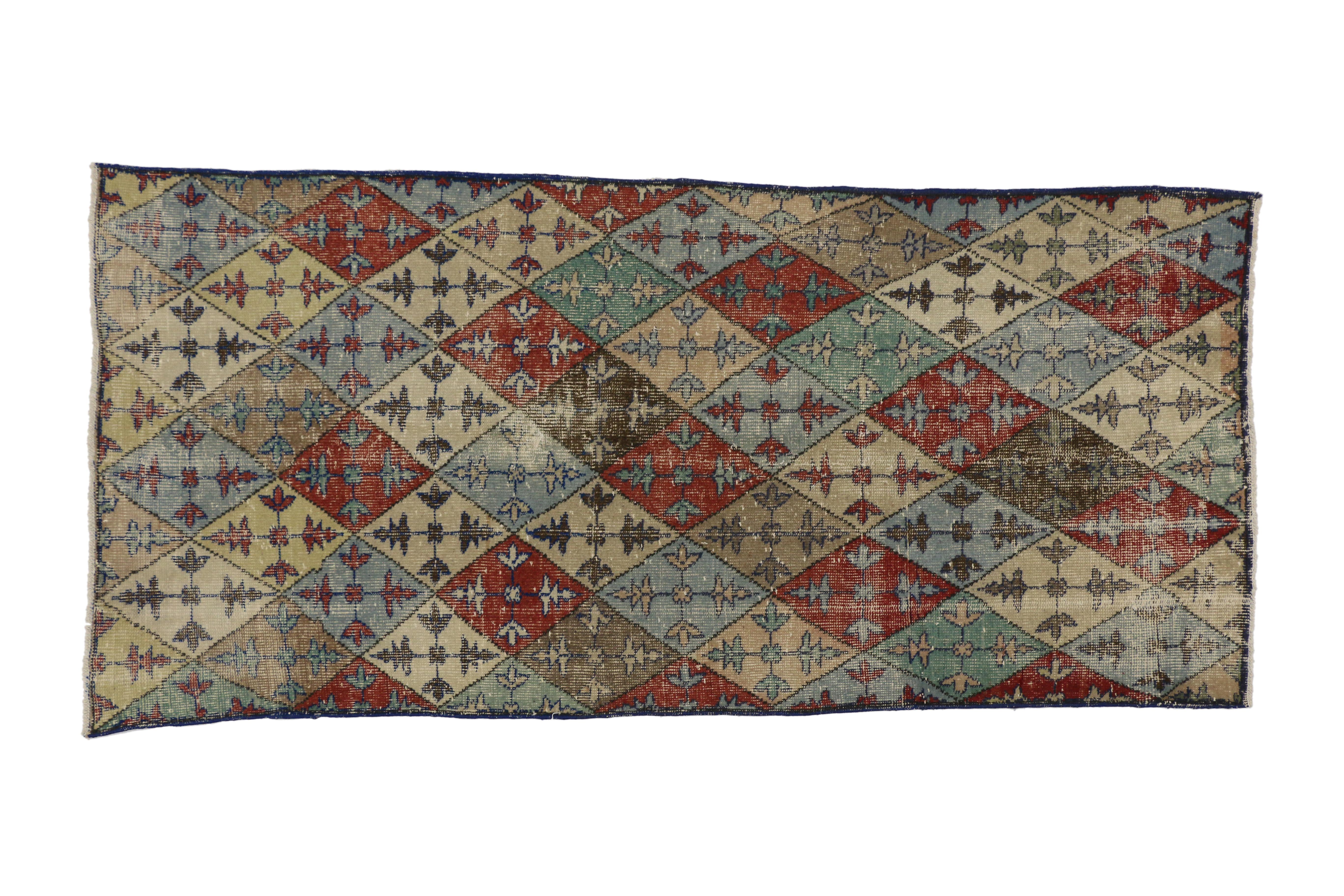 Distressed Vintage Turkish Sivas Rug with Industrial Art Deco Style In Distressed Condition For Sale In Dallas, TX