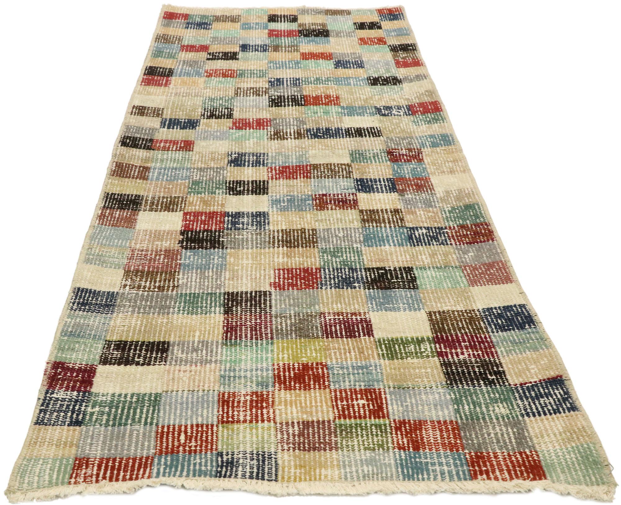 Post-Modern Distressed Vintage Turkish Sivas Rug with Industrial Postmodern Cubism Style For Sale