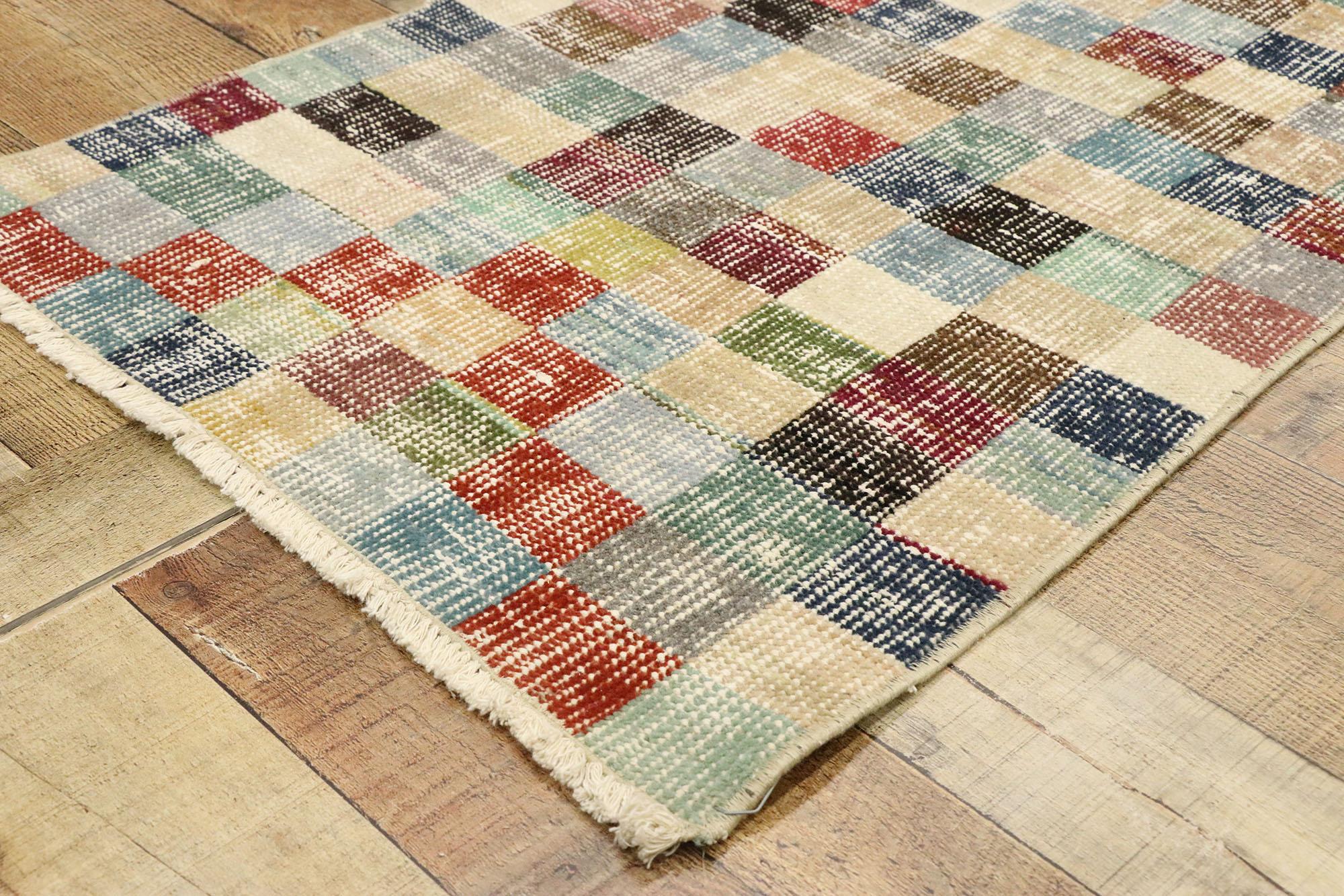 20th Century Distressed Vintage Turkish Sivas Rug with Industrial Postmodern Cubism Style For Sale