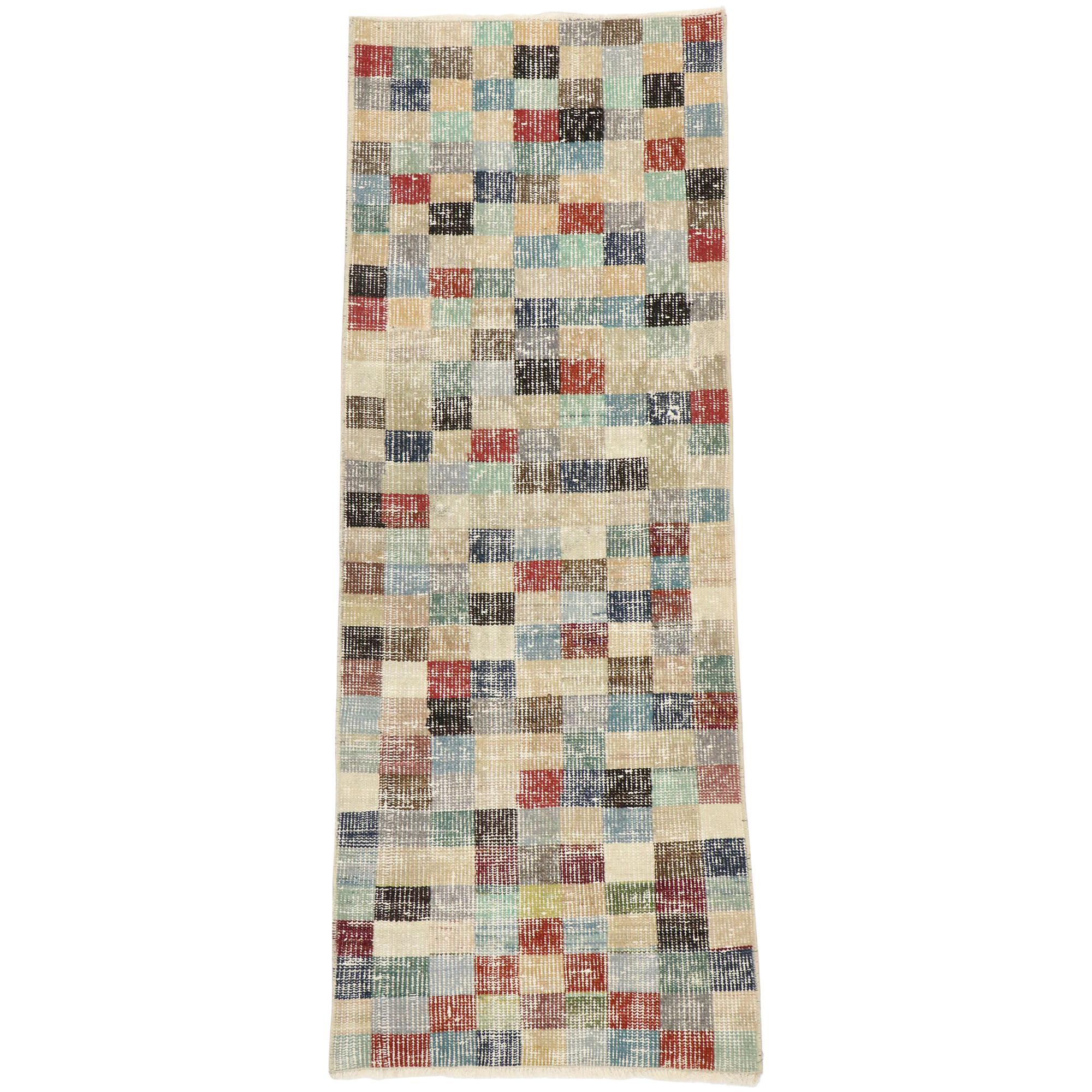 Distressed Vintage Turkish Sivas Rug with Industrial Postmodern Cubism Style For Sale