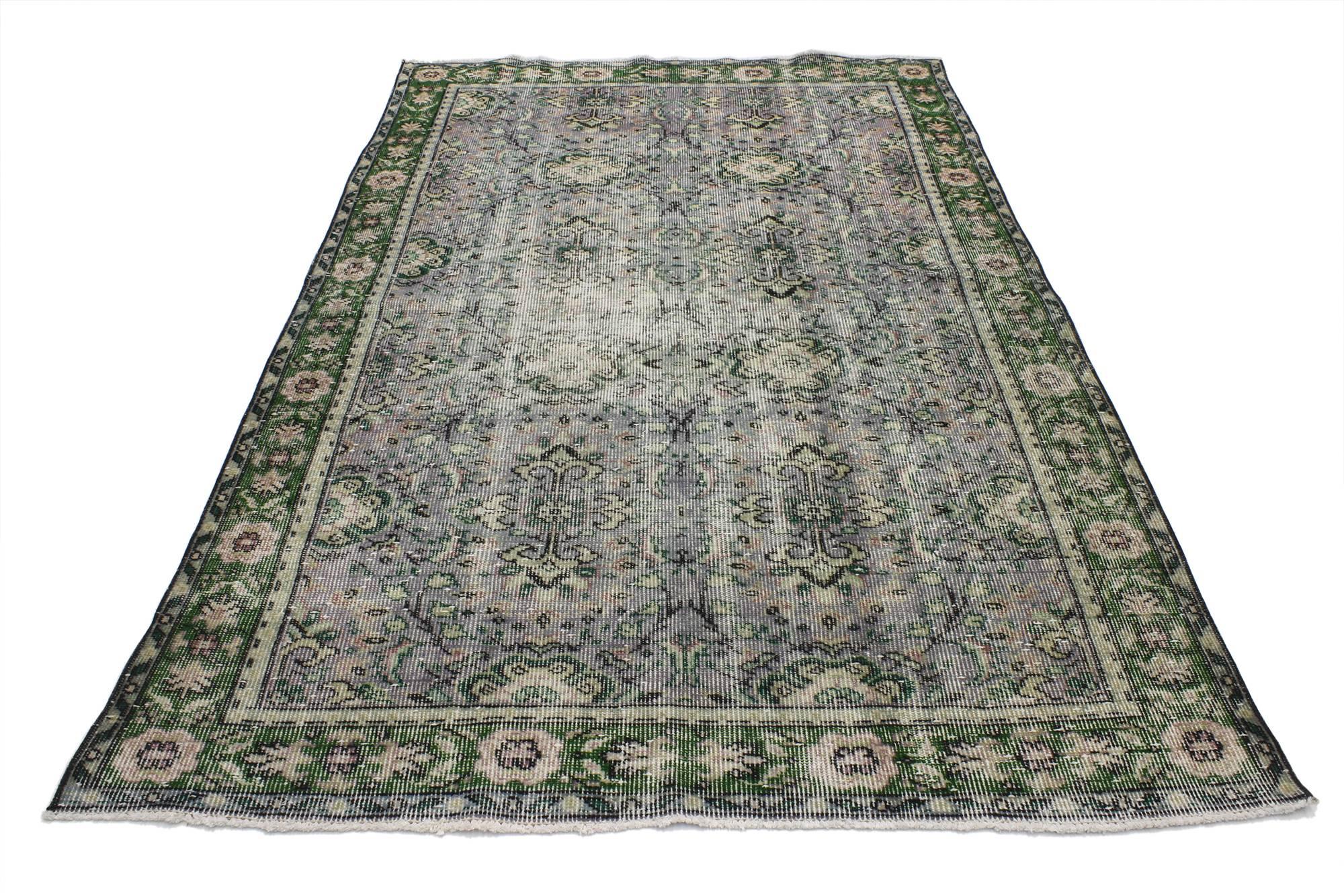 51991, distressed vintage Turkish Sivas rug with Industrial style. Age-worn with shorn pile, this hand-knotted wool distressed vintage Sivas rug features the distressed look so popular with Industrial style interiors. Rustic and time-softened, this