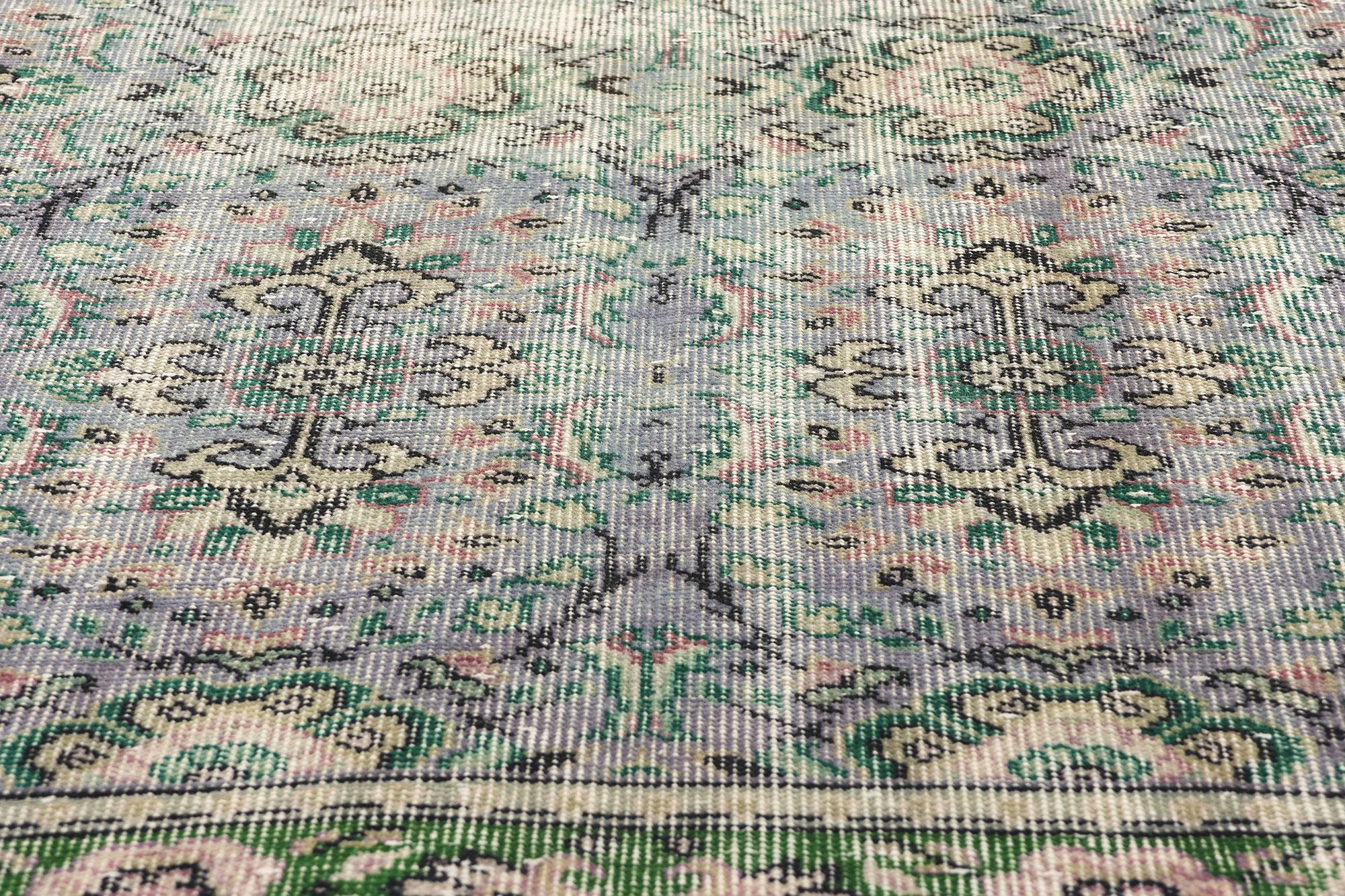 Vintage Lavender-Gray and Green Turkish Sivas Rug In Distressed Condition For Sale In Dallas, TX
