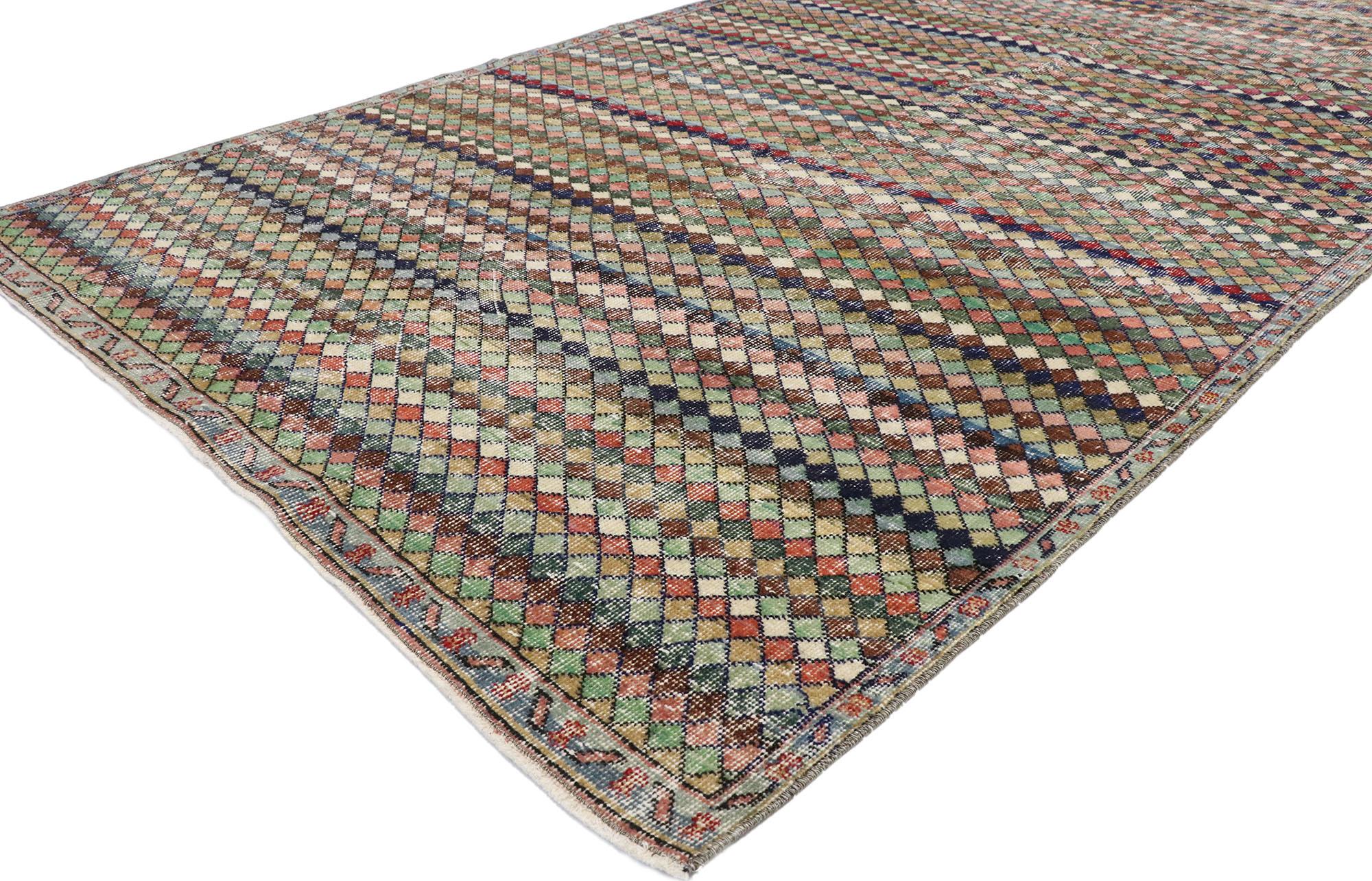 Hand-Knotted Distressed Vintage Turkish Sivas Rug with Mid-Century Modern Bohemian Style For Sale