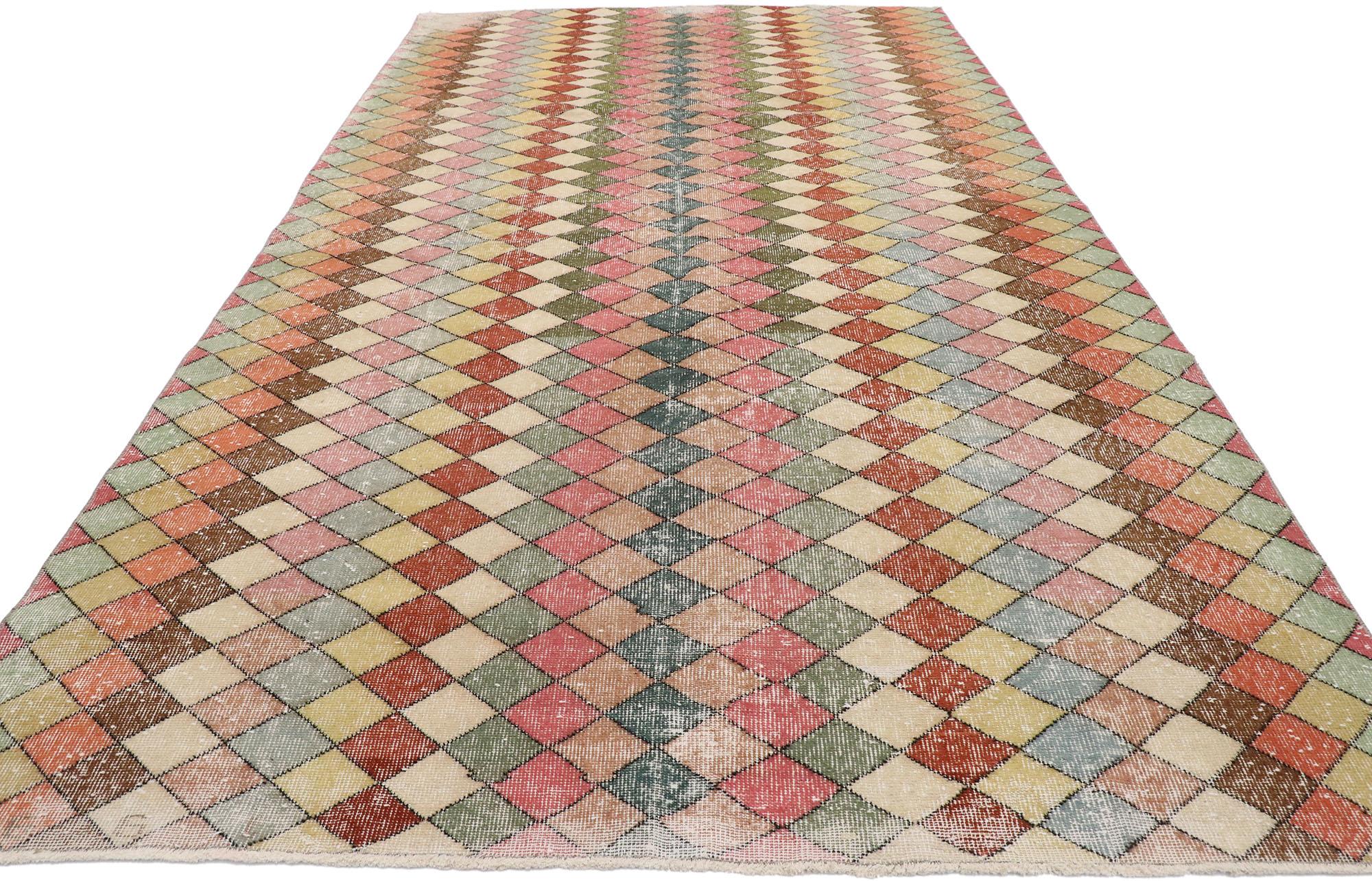Distressed Vintage Turkish Sivas Rug with Mid-Century Modern Bohemian Style In Distressed Condition In Dallas, TX