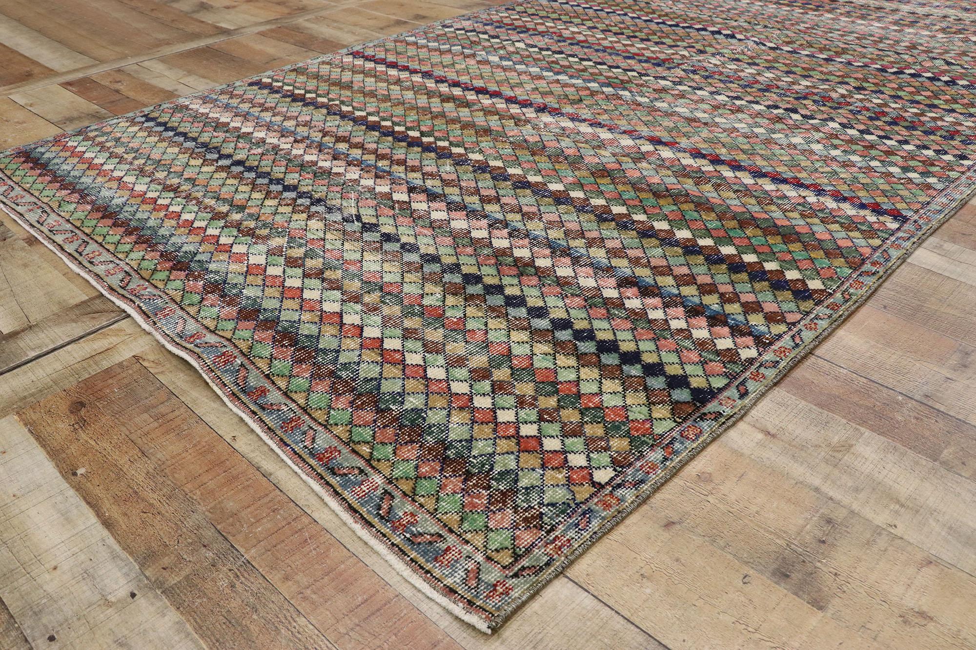 Distressed Vintage Turkish Sivas Rug with Mid-Century Modern Bohemian Style For Sale 1