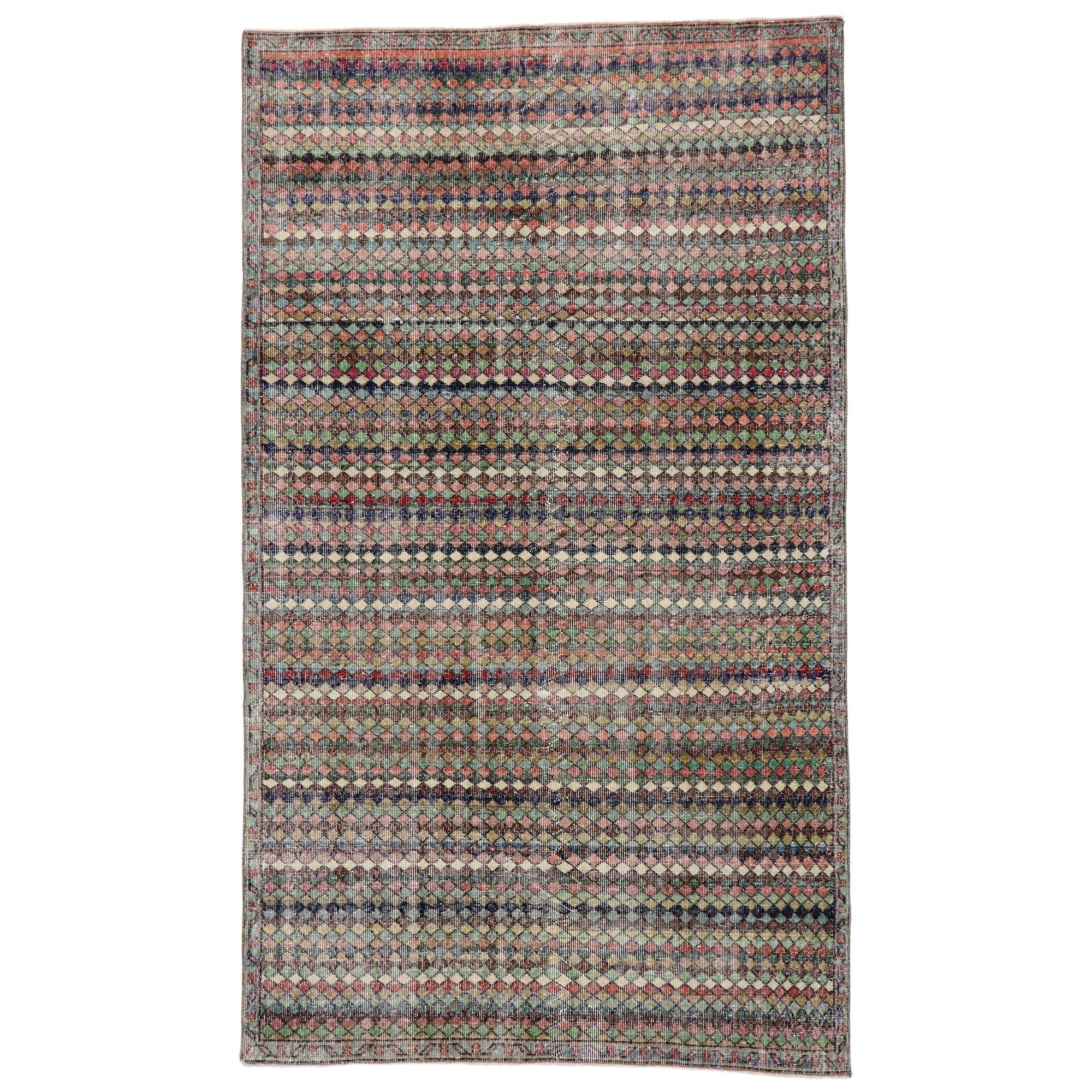 Distressed Vintage Turkish Sivas Rug with Mid-Century Modern Bohemian Style For Sale
