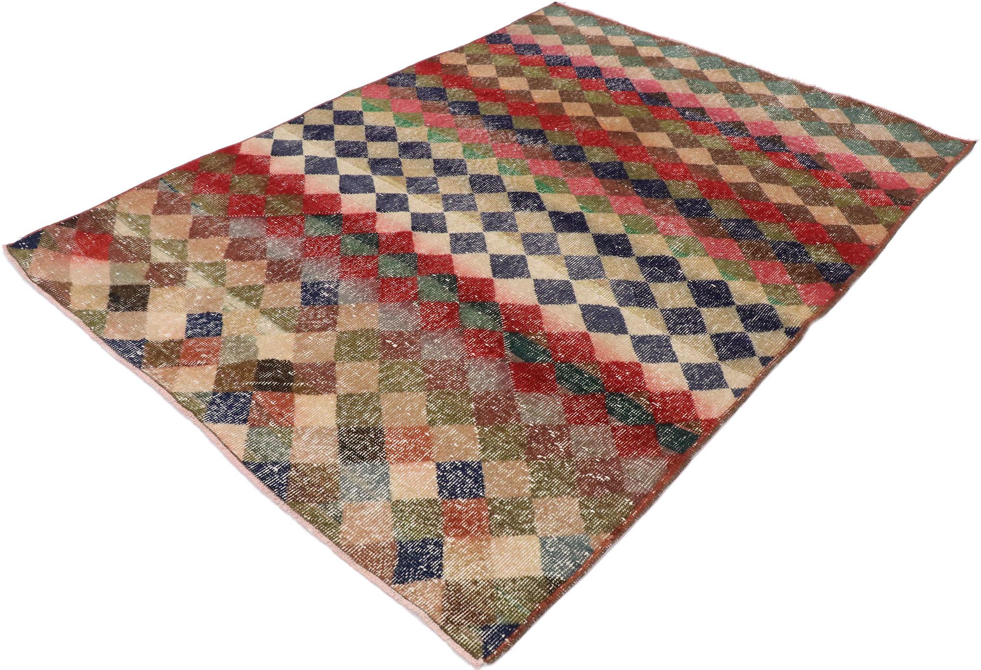53353, distressed vintage Turkish Sivas rug with Mid-Century Modern rustic style. This hand knotted wool distressed vintage Turkish Sivas rug features an all-over checkered stripe pattern comprised of rows of multicolored diamonds. Each row of