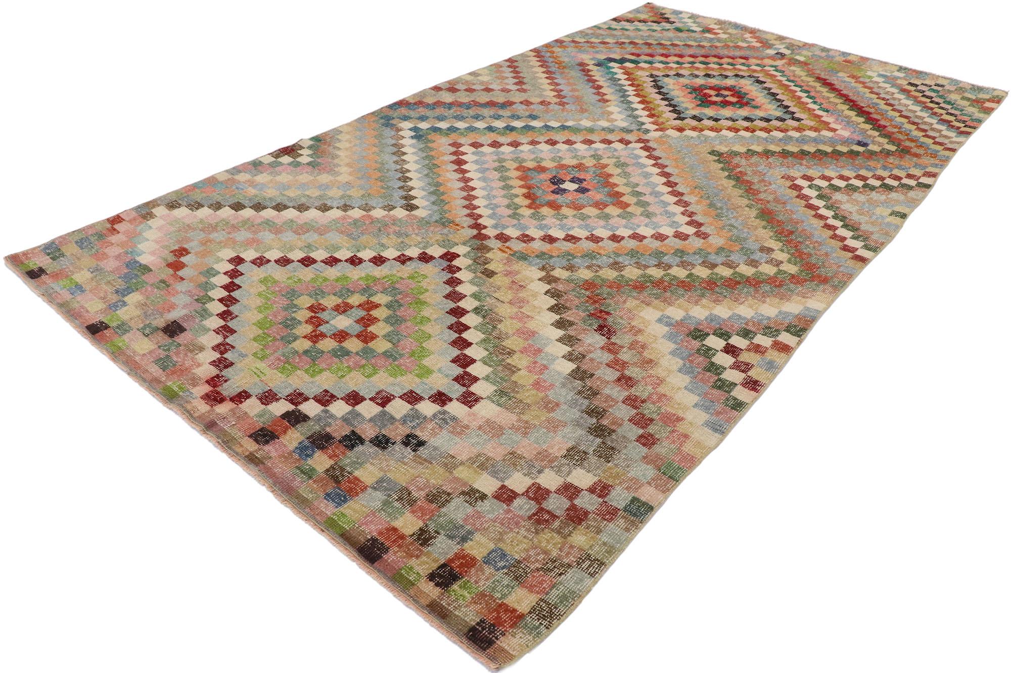 53299, distressed vintage Turkish Sivas rug with Mid-Century Modern Rustic style. This hand knotted wool distressed vintage Turkish Sivas runner features an all-over checkered stacked diamond pattern comprised of rows of multicolored cubes. Each row