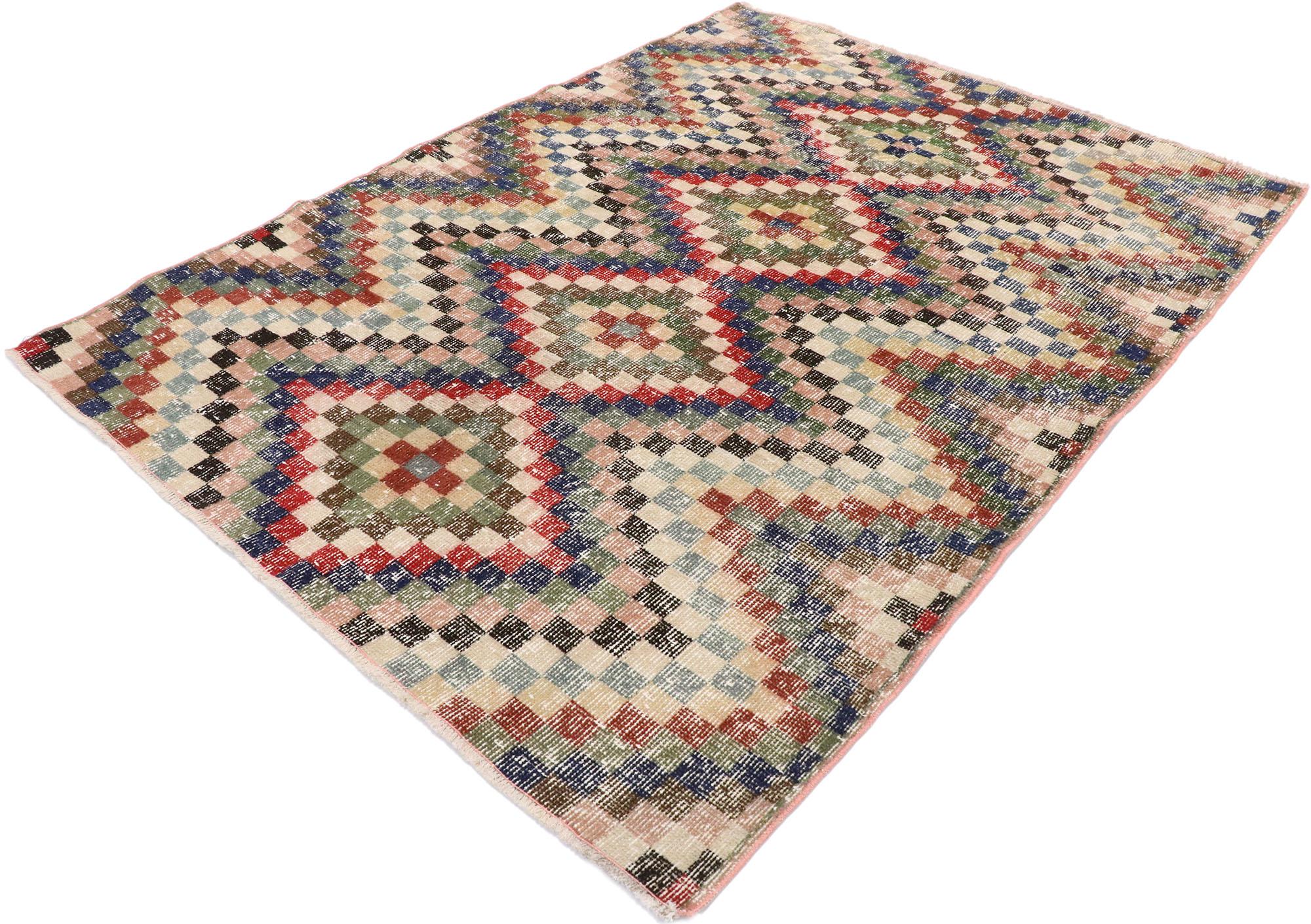53357, distressed vintage Turkish Sivas rug with Mid-Century Modern rustic style. This hand knotted wool distressed vintage Turkish Sivas runner features an all-over checkered stacked diamond pattern comprised of rows of multicolored cubes. Each row