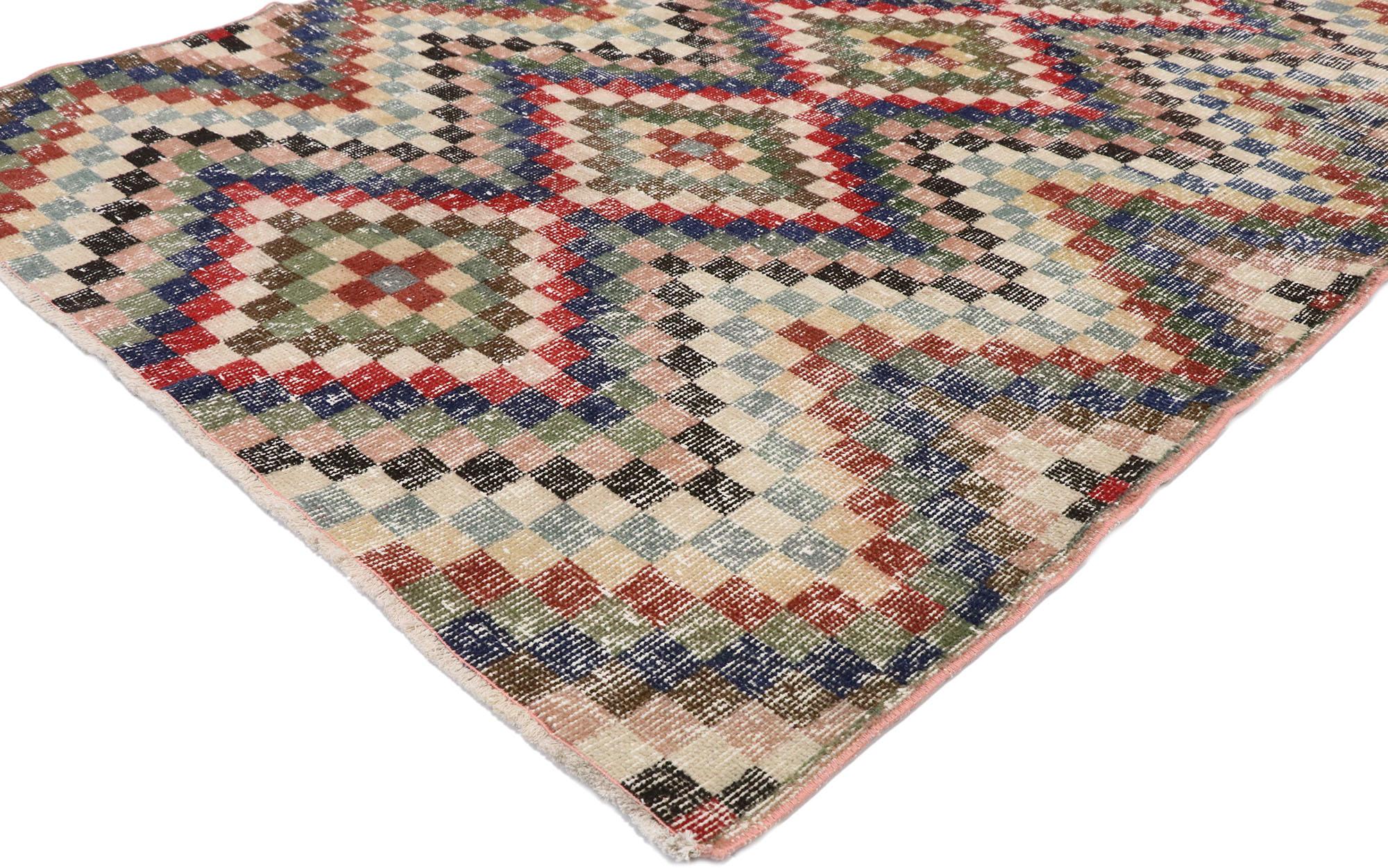 Hand-Knotted Distressed Vintage Turkish Sivas Rug with Mid-Century Modern Rustic Style For Sale