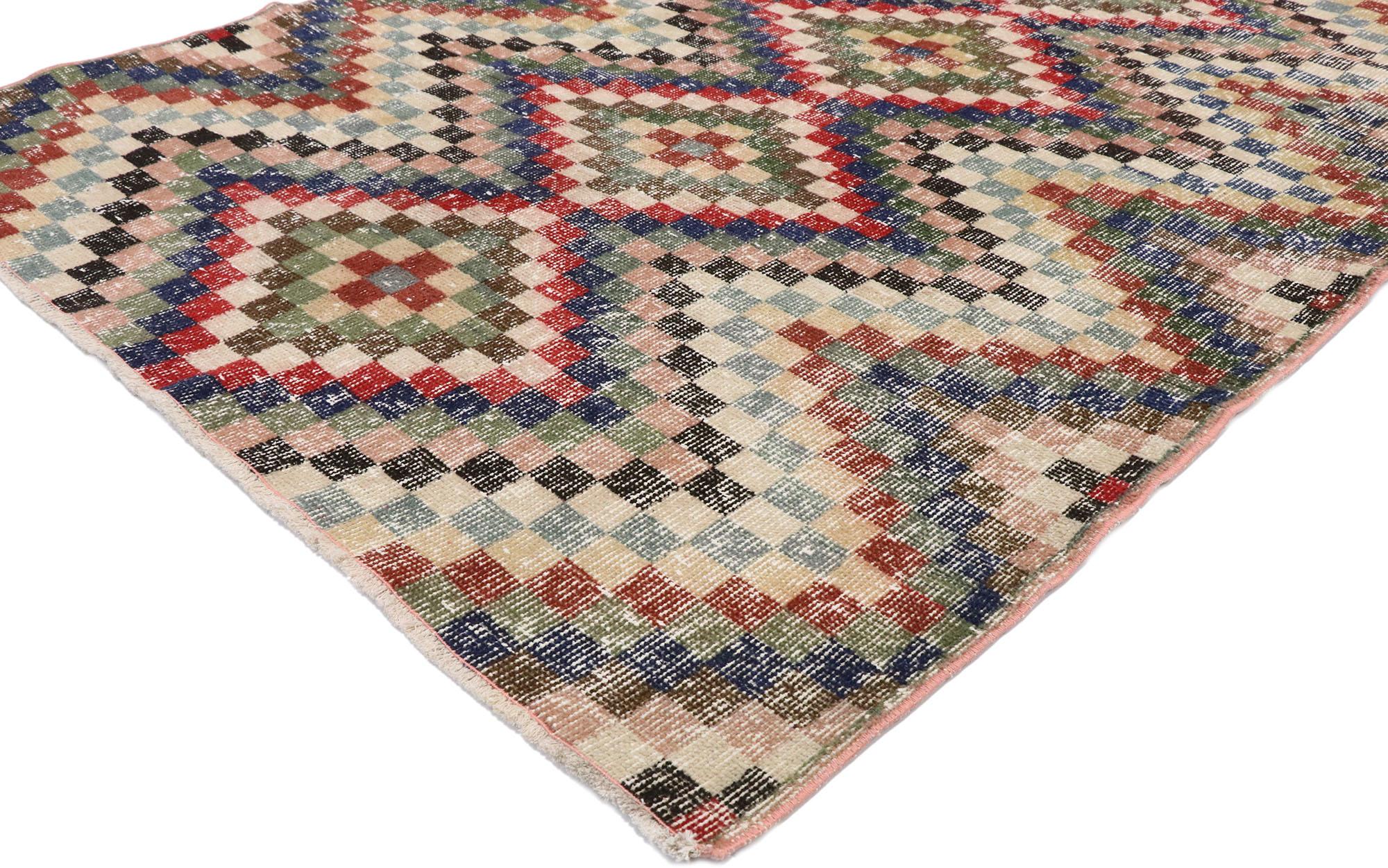 Mid-Century moderno Tappeto Sivas turco d'epoca con stile rustico moderno di metà secolo in vendita
