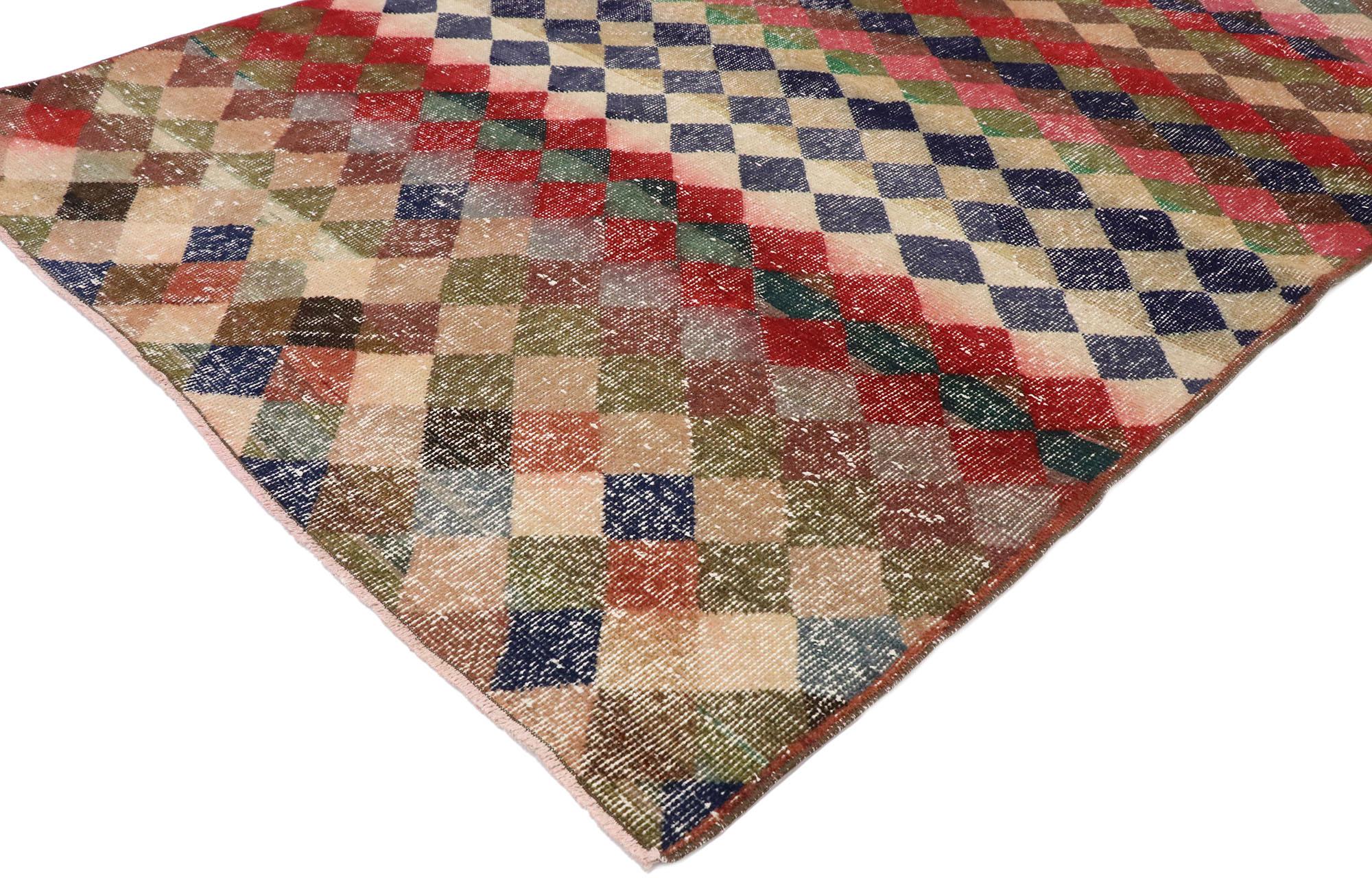 Hand-Knotted Distressed Vintage Turkish Sivas Rug with Mid-Century Modern Rustic Style For Sale