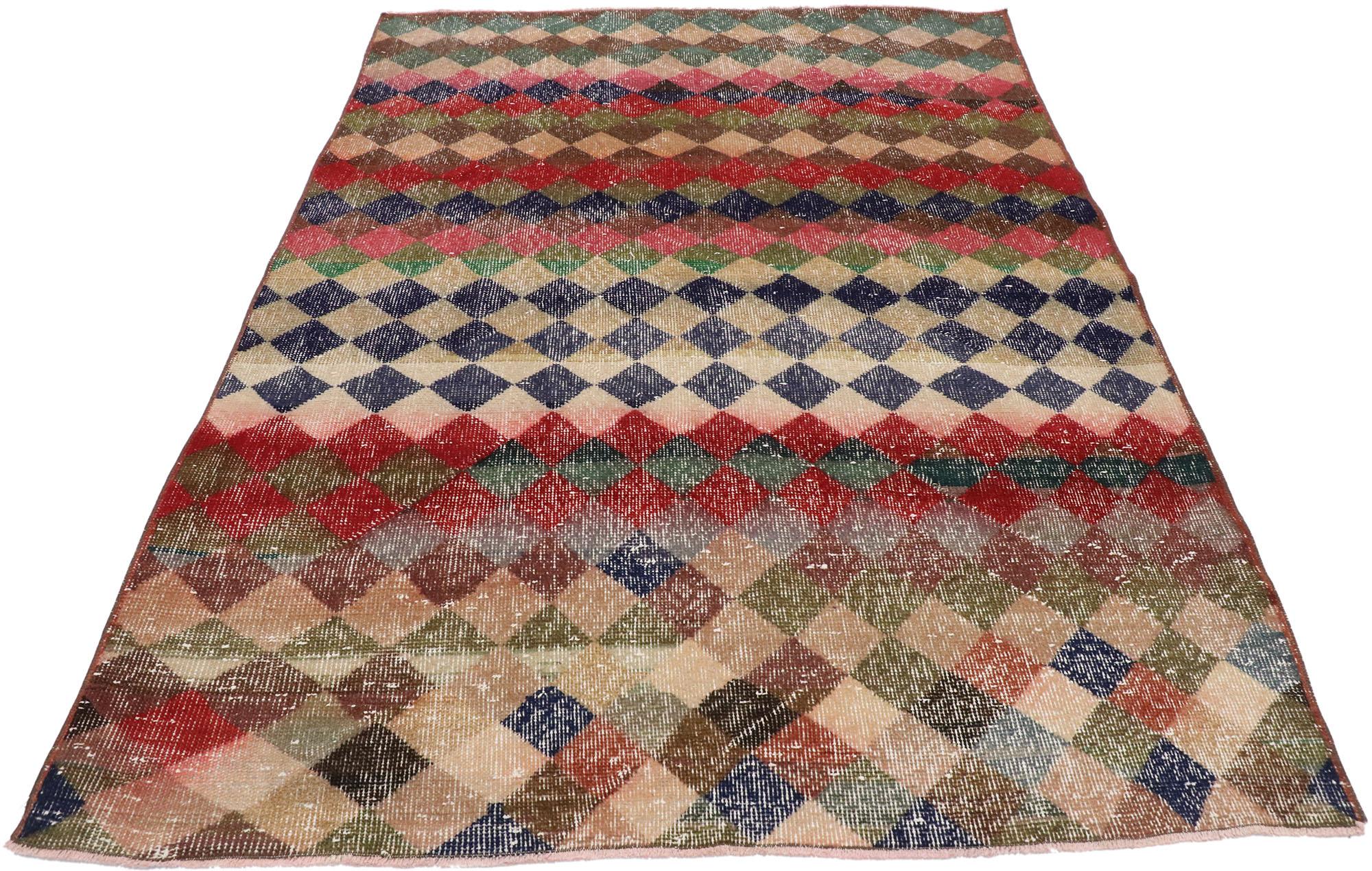 Distressed Vintage Turkish Sivas Rug with Mid-Century Modern Rustic Style In Distressed Condition For Sale In Dallas, TX