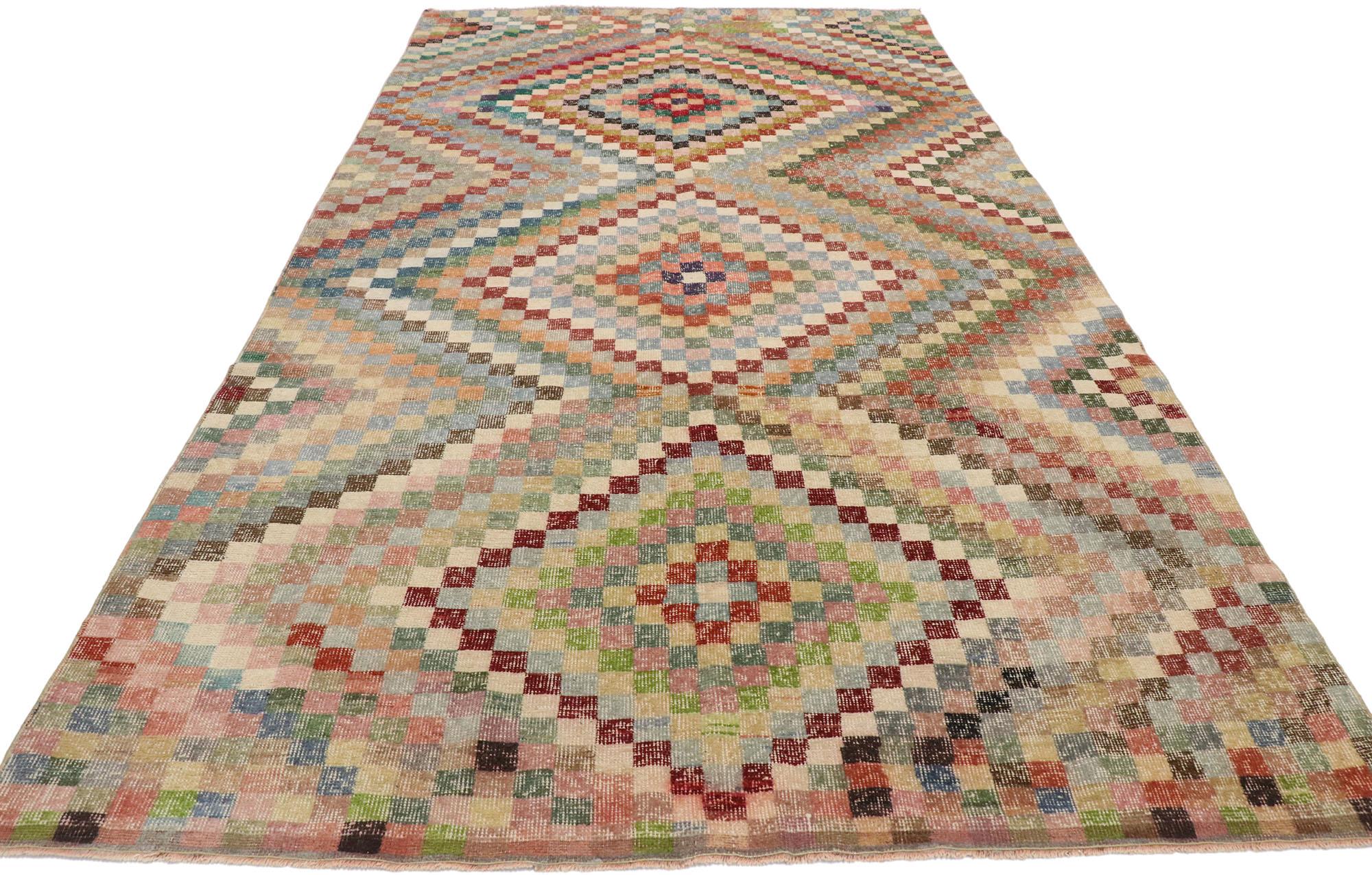 Distressed Vintage Turkish Sivas Rug with Mid-Century Modern Rustic Style In Distressed Condition For Sale In Dallas, TX