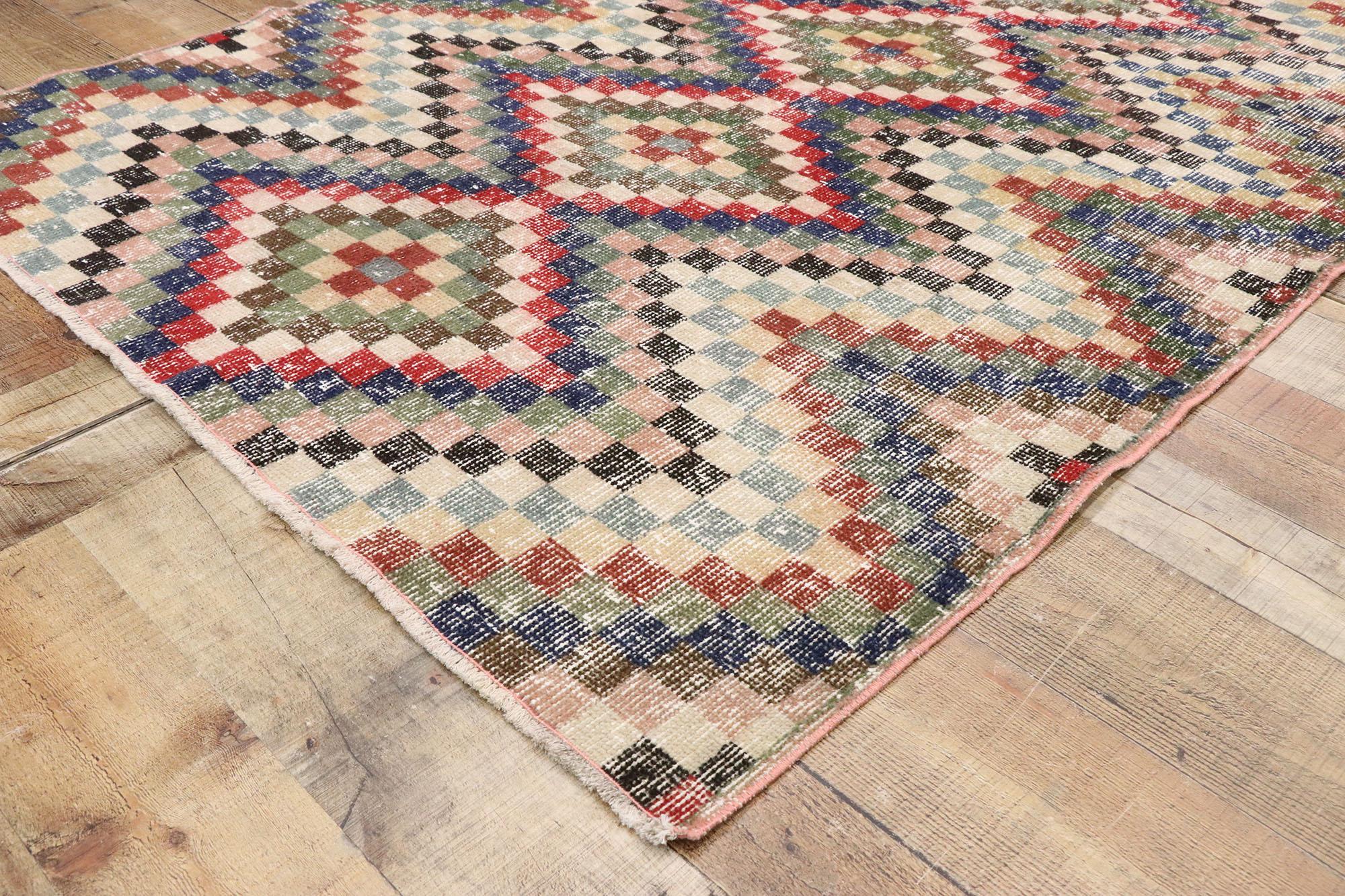 Distressed Vintage Turkish Sivas Rug with Mid-Century Modern Rustic Style For Sale 1