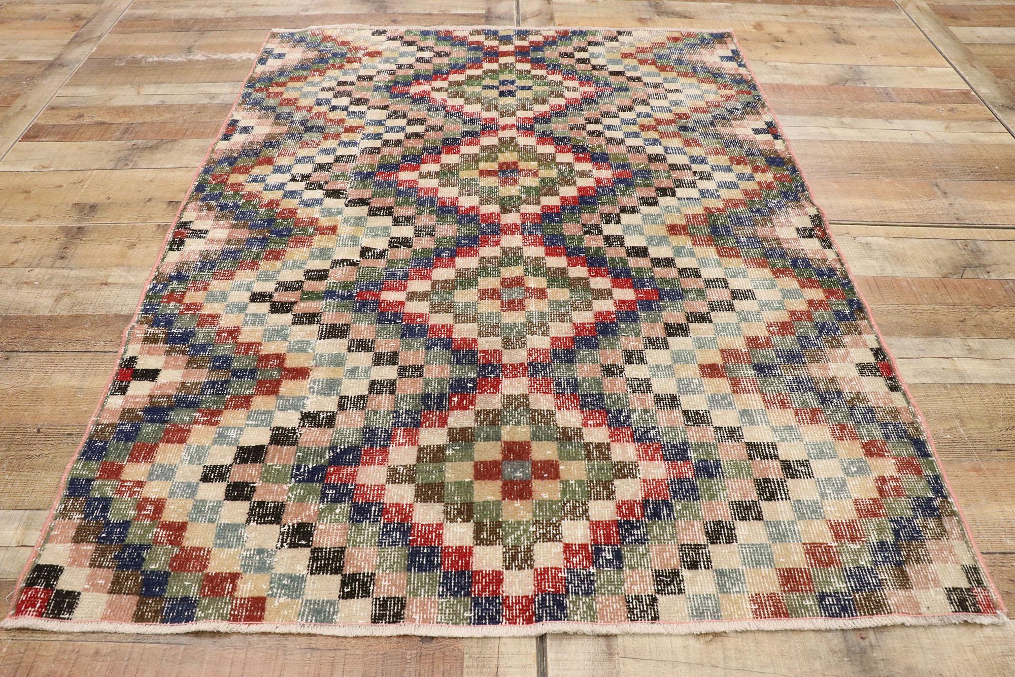 Distressed Vintage Turkish Sivas Rug with Mid-Century Modern Rustic Style For Sale 2