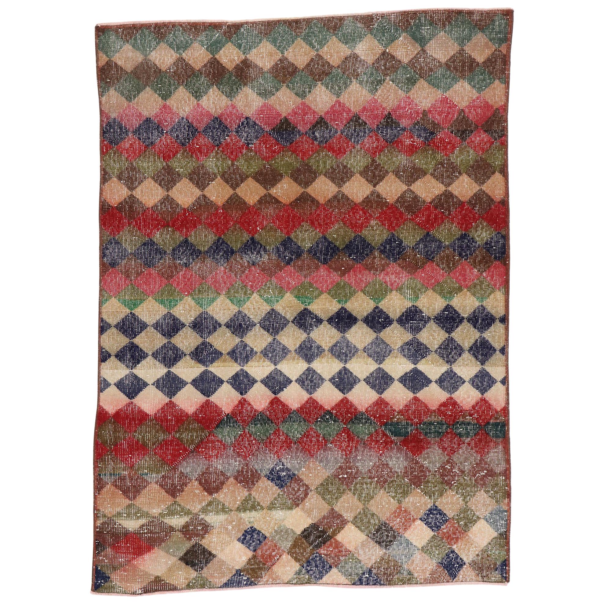 Distressed Vintage Turkish Sivas Rug with Mid-Century Modern Rustic Style For Sale