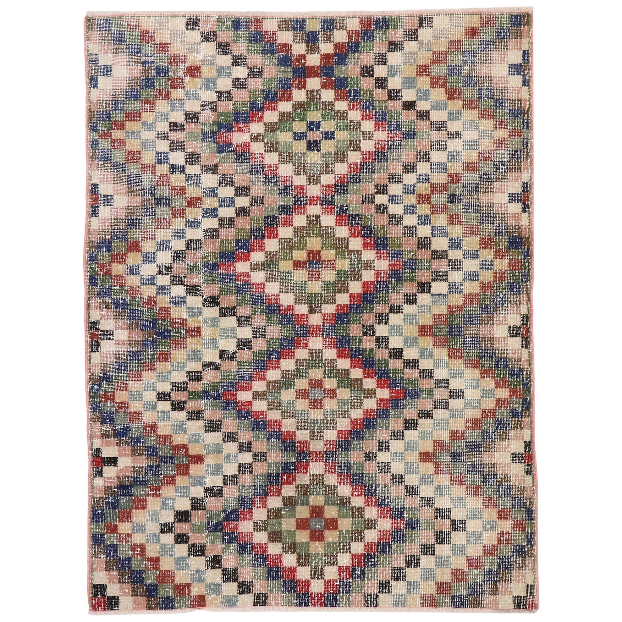 Distressed Vintage Turkish Sivas Rug with Mid-Century Modern Rustic Style For Sale