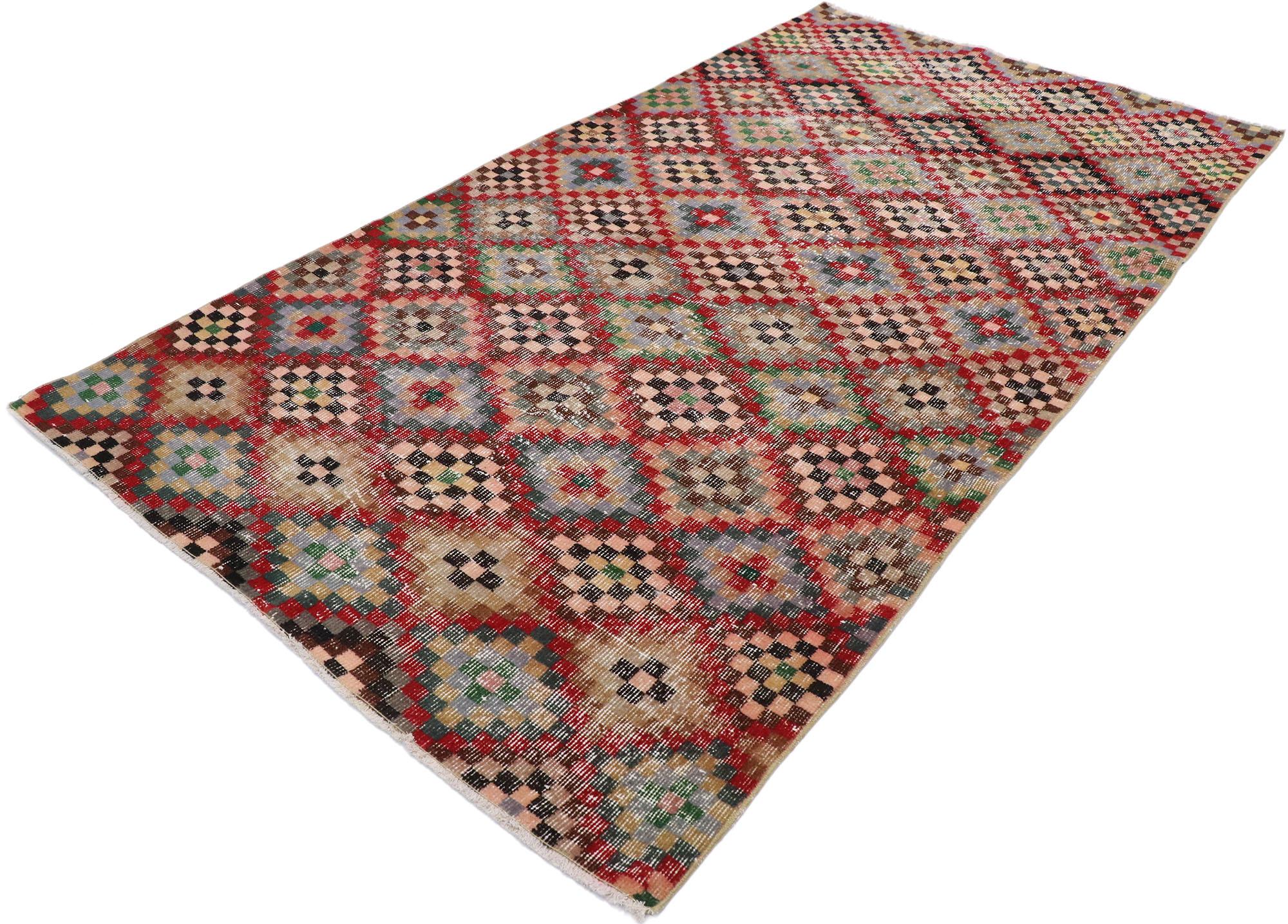 53283 distressed vintage Turkish Sivas rug with Modern Cubist style. This hand knotted wool distressed vintage Turkish Sivas rug features a lively all-over multicolored checkered lattice pattern. The cubist-inspired pattern is simple, yet effective.