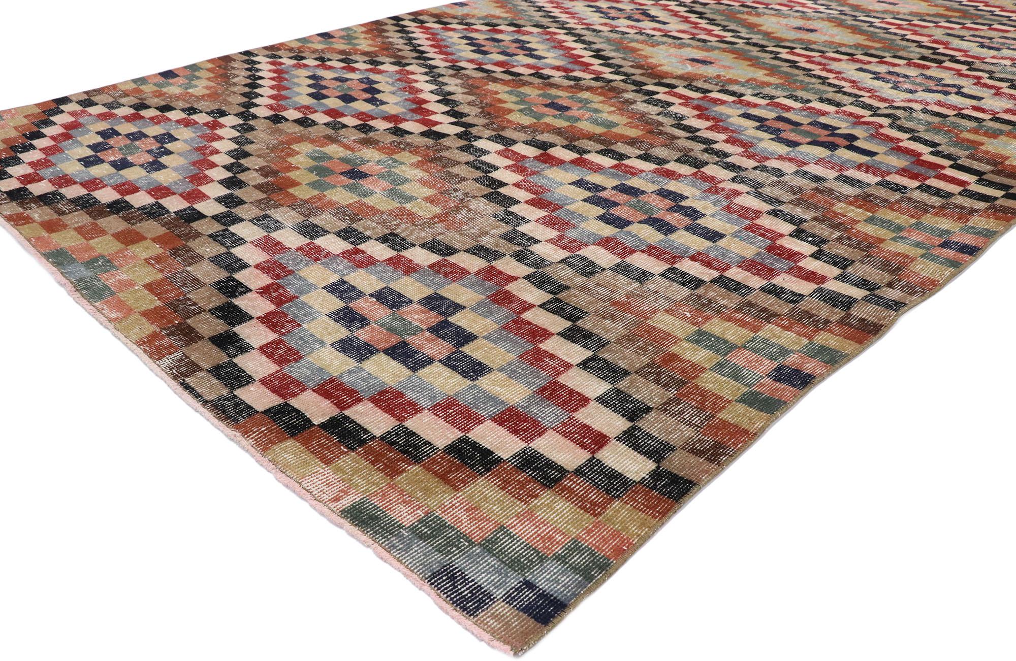 Mid-Century moderno Tappeto Sivas turco a scacchi d'epoca moderno e di metà secolo in vendita