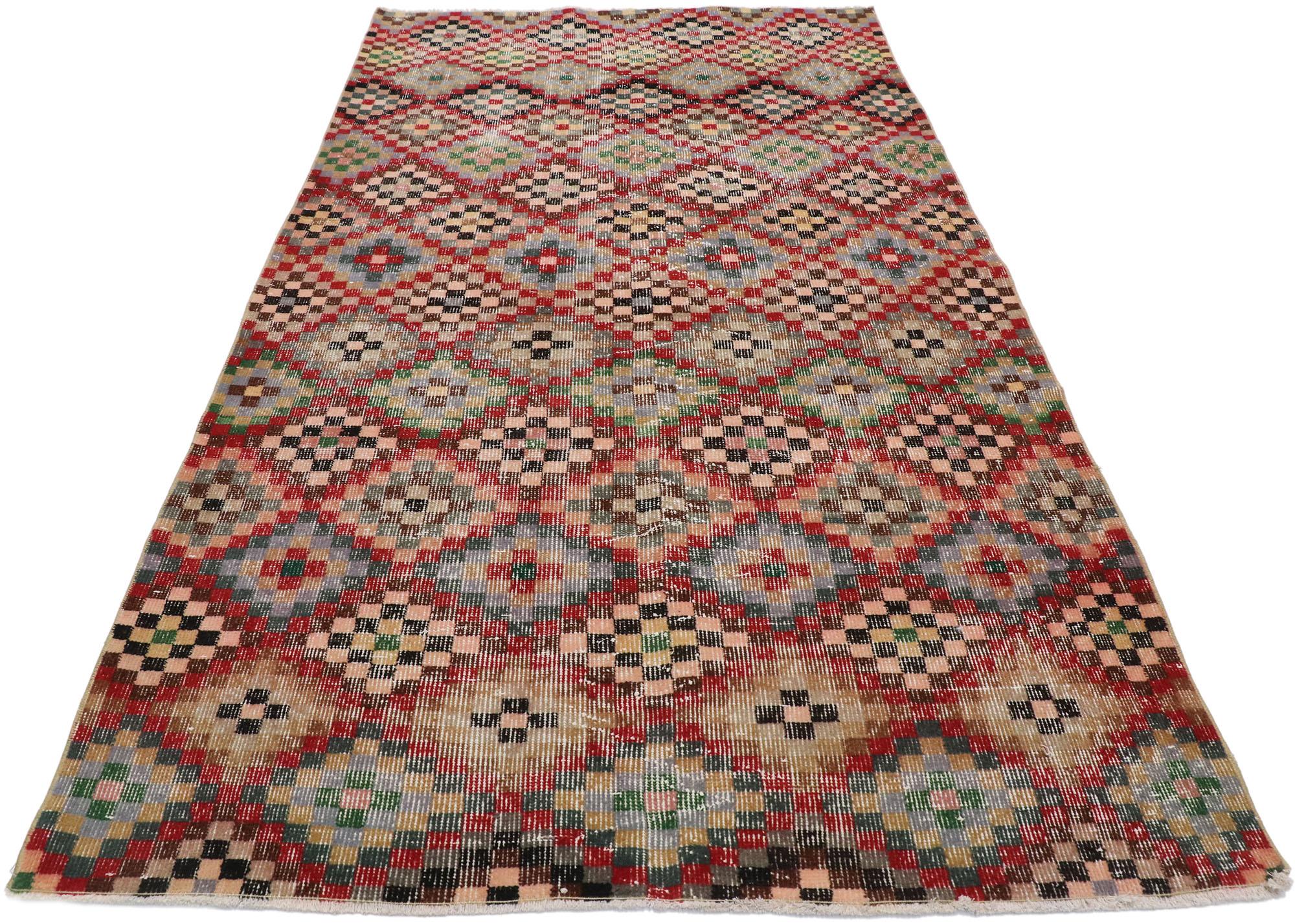 Hand-Knotted Distressed Vintage Turkish Sivas Rug with Modern Cubist Style For Sale