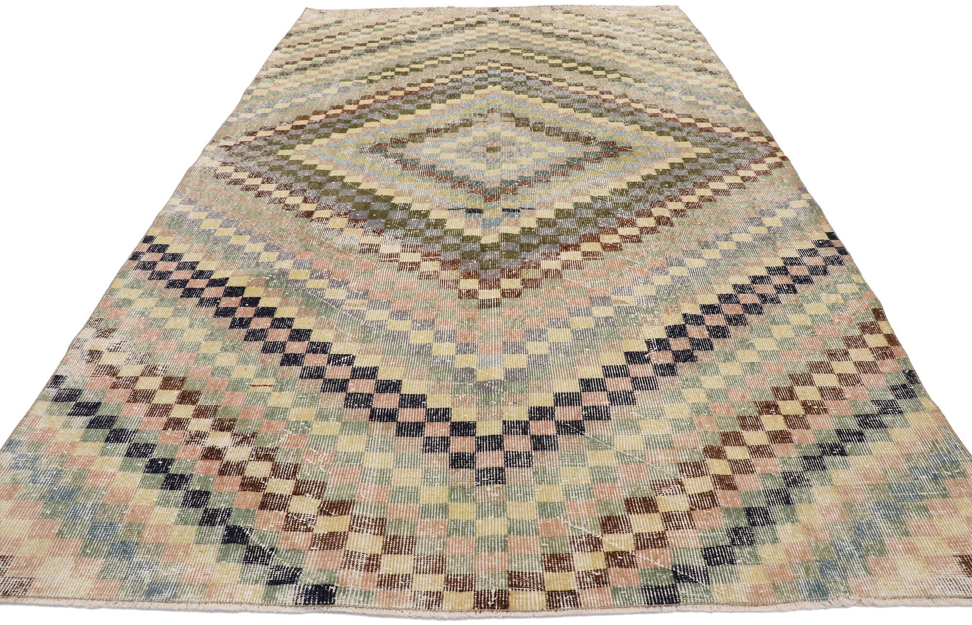 Hand-Knotted Distressed Vintage Turkish Sivas Rug with Modern Cubist Style For Sale