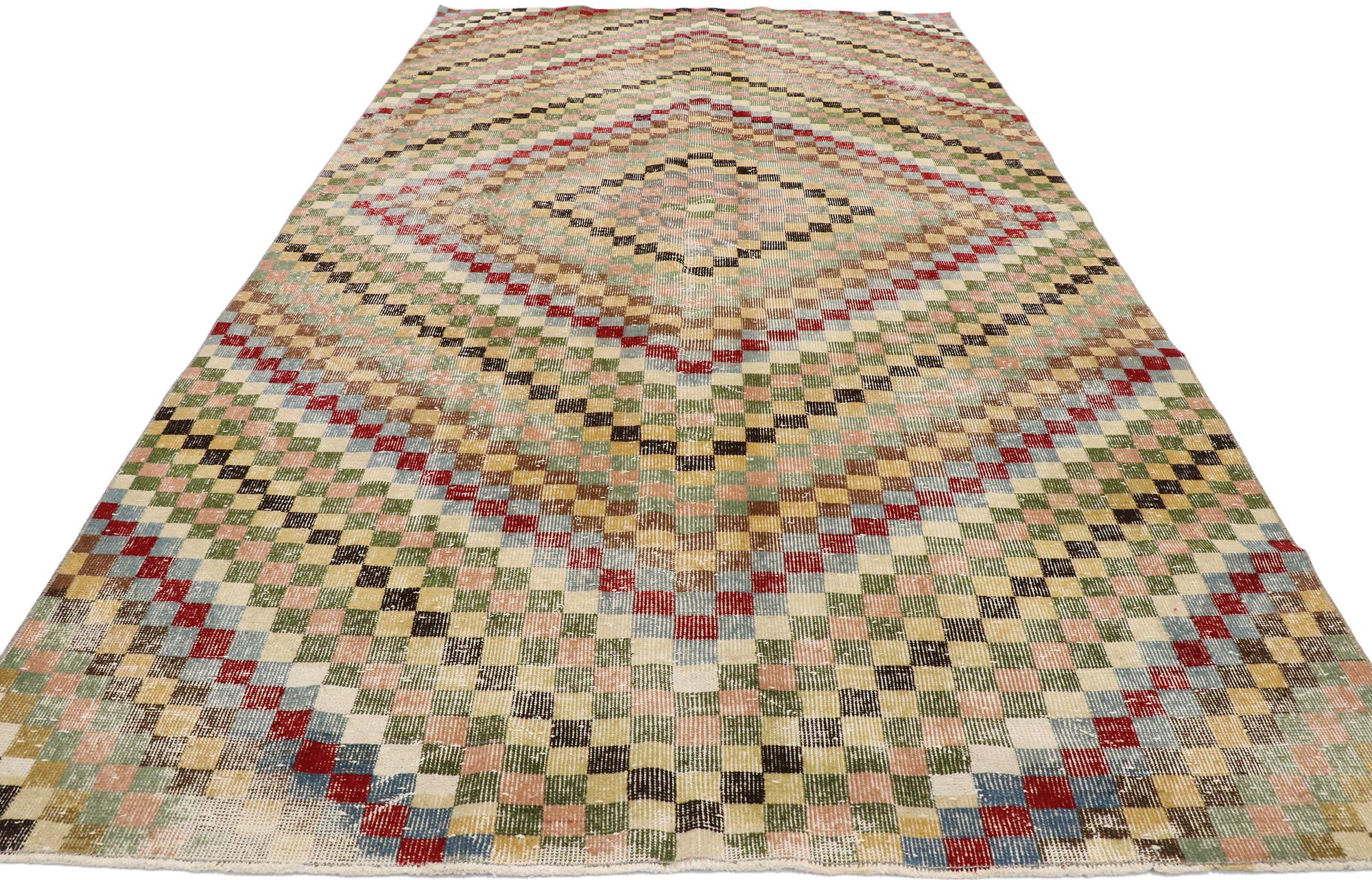 Distressed Vintage Turkish Sivas Rug with Modern Cubist Style In Distressed Condition For Sale In Dallas, TX