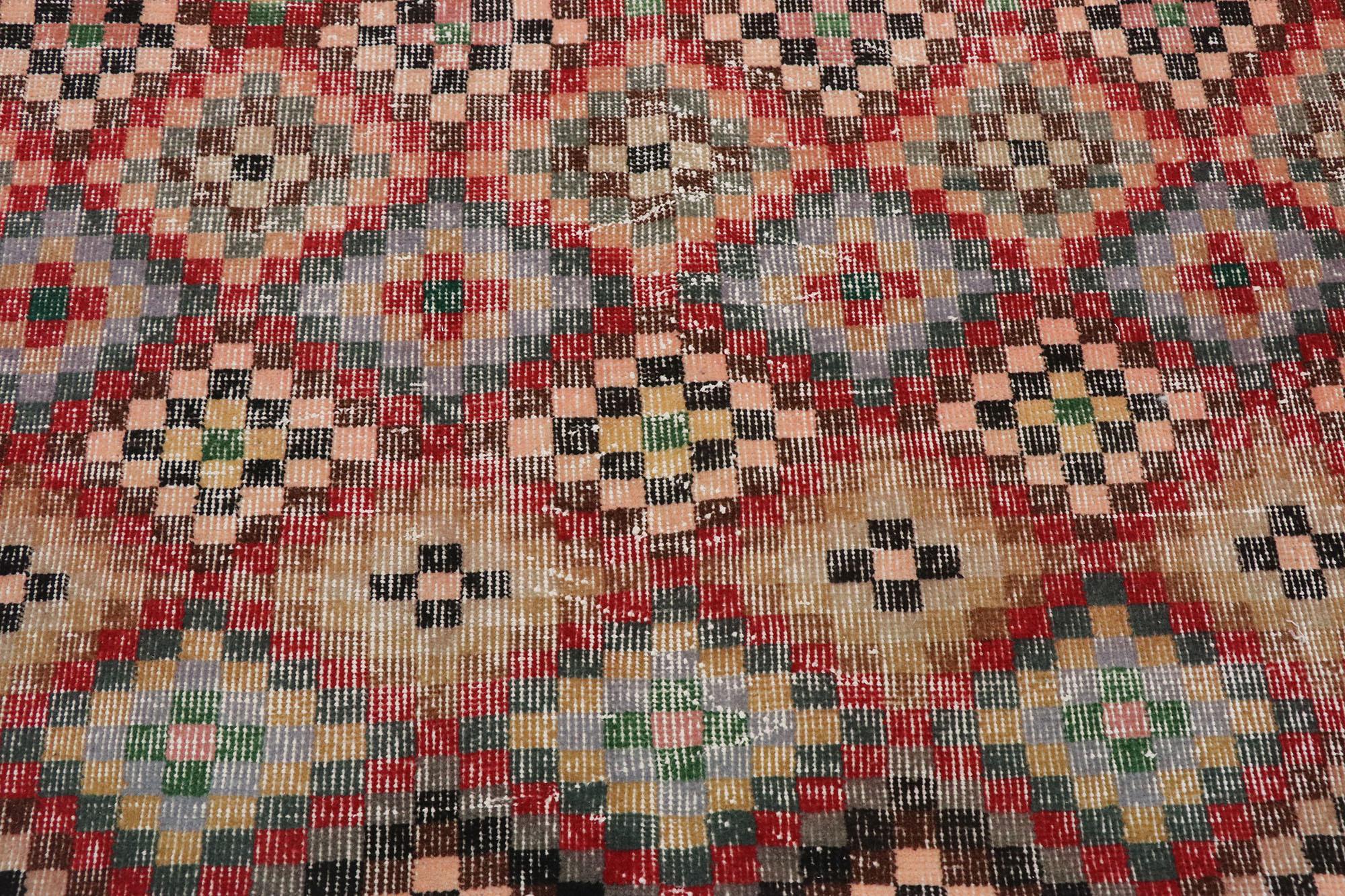 Distressed Vintage Turkish Sivas Rug with Modern Cubist Style In Distressed Condition For Sale In Dallas, TX