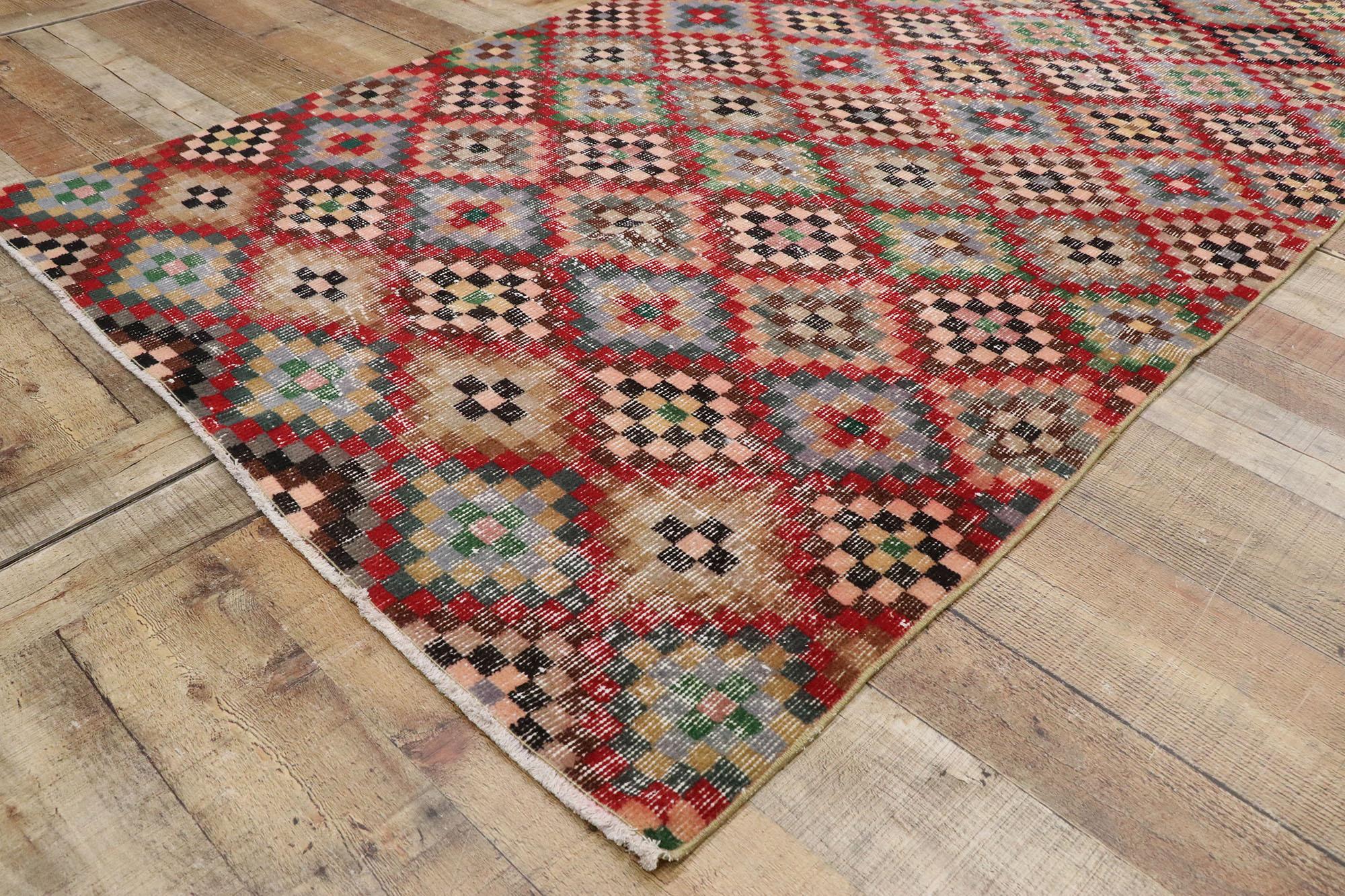 Wool Distressed Vintage Turkish Sivas Rug with Modern Cubist Style For Sale