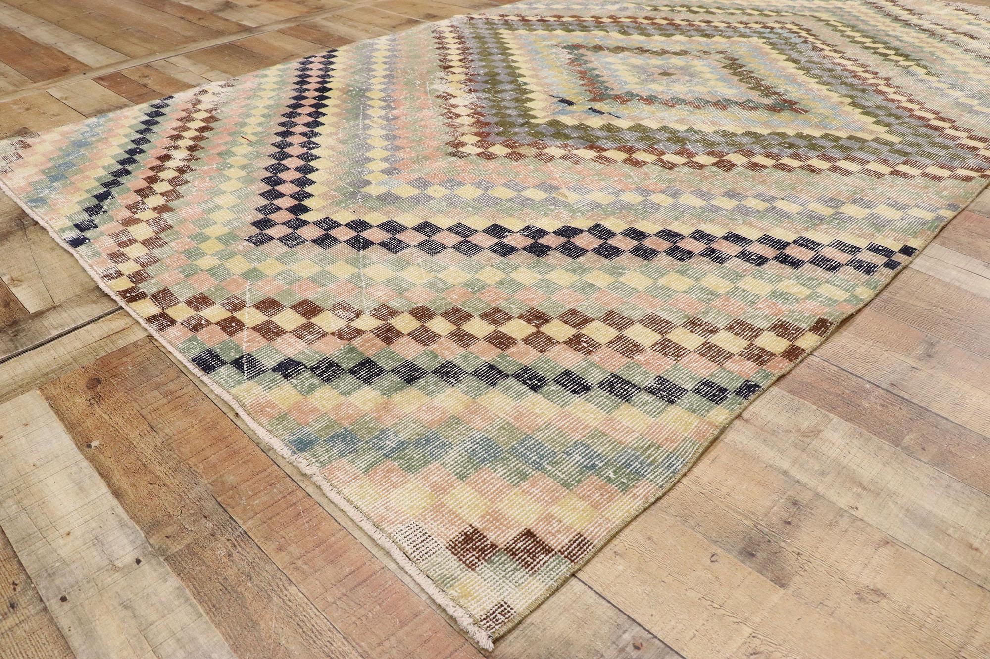 Wool Distressed Vintage Turkish Sivas Rug with Modern Cubist Style For Sale