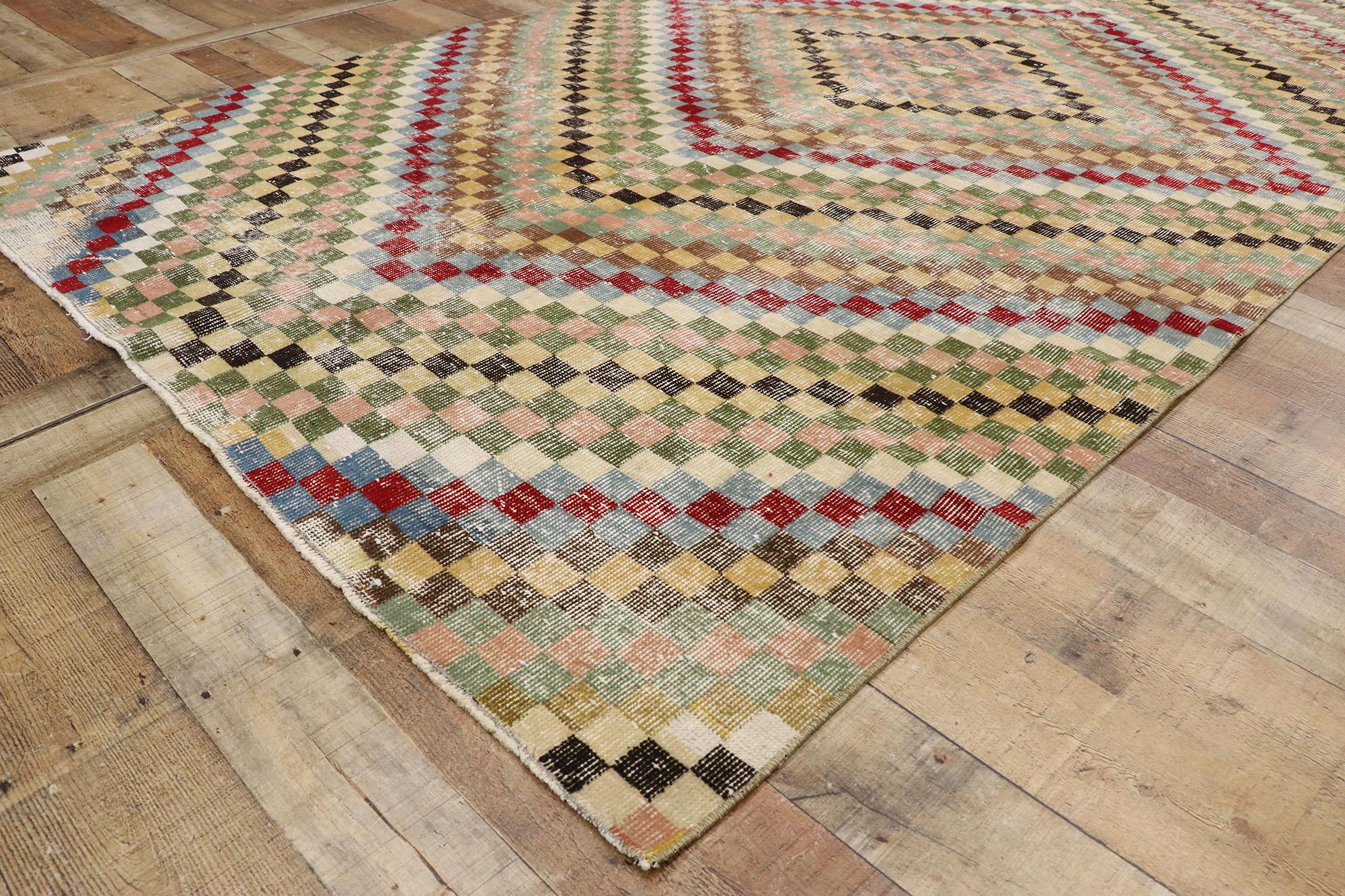 Distressed Vintage Turkish Sivas Rug with Modern Cubist Style For Sale 1