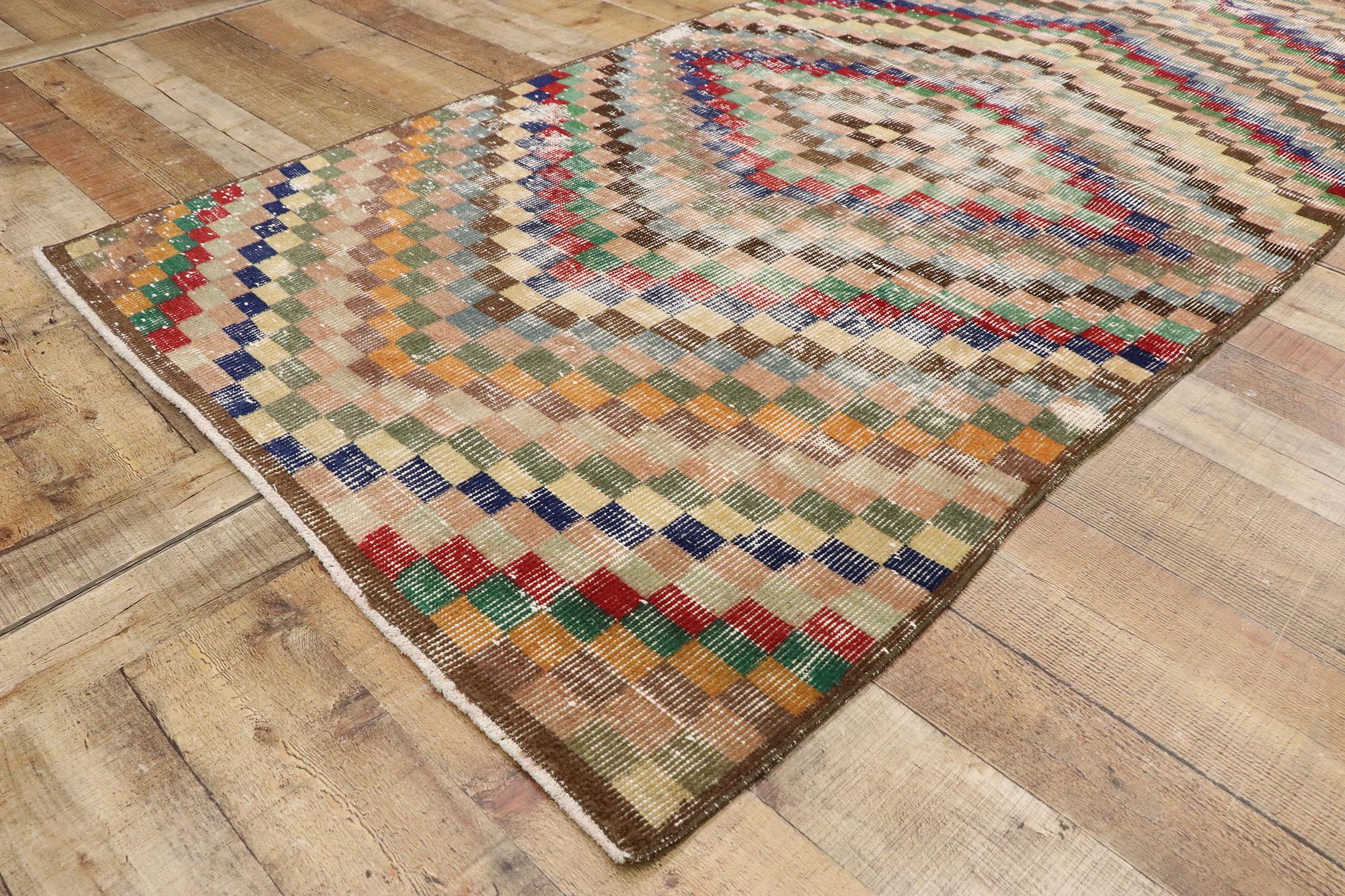 Wool Distressed Vintage Turkish Sivas Rug with Modern Cubist Style For Sale