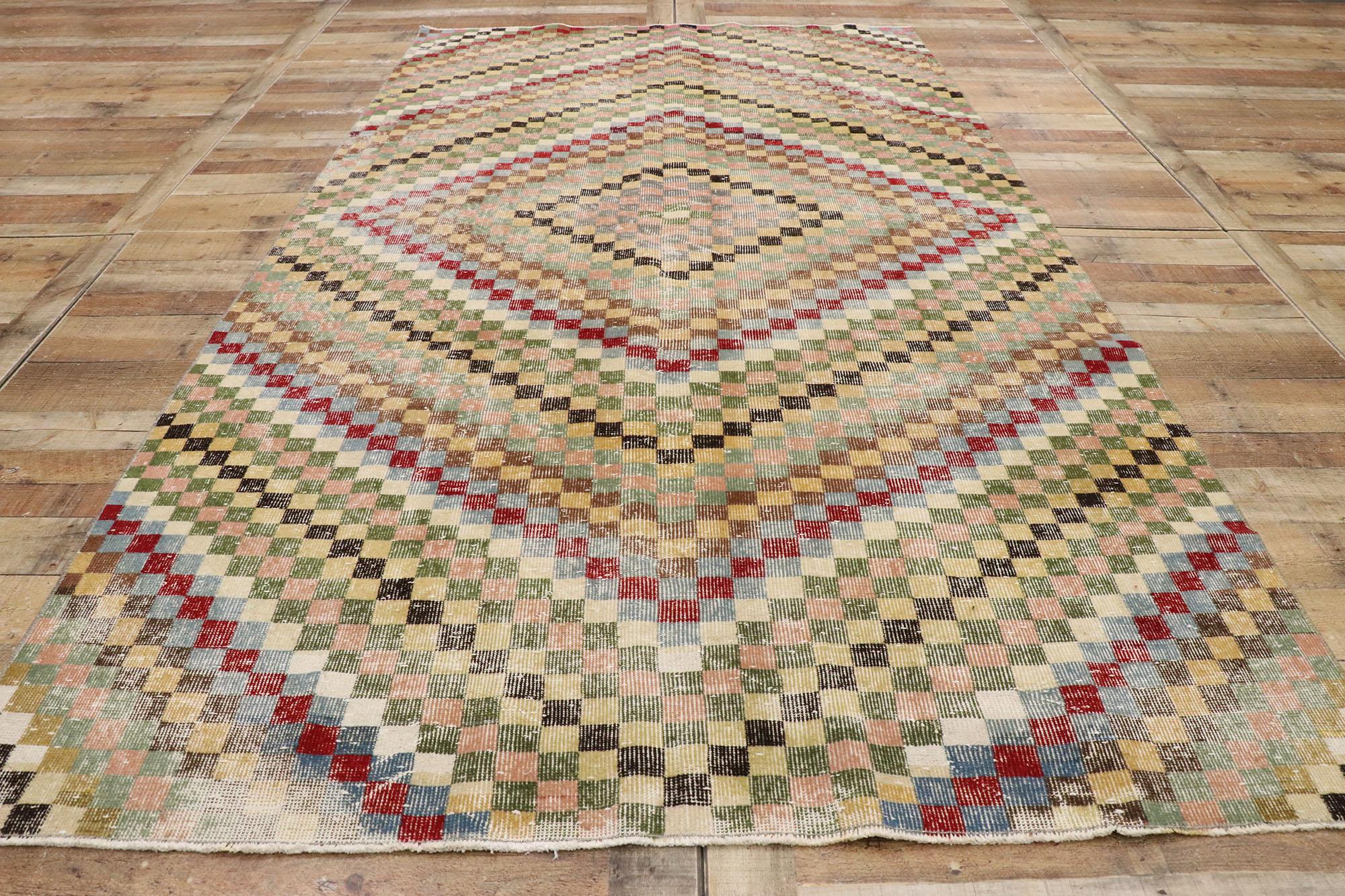 Distressed Vintage Turkish Sivas Rug with Modern Cubist Style For Sale 2
