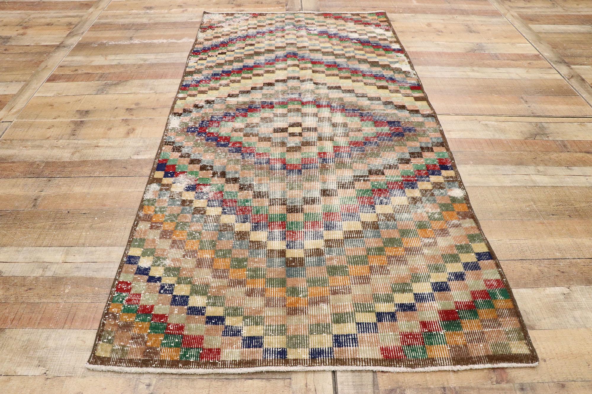 Distressed Vintage Turkish Sivas Rug with Modern Cubist Style For Sale 1