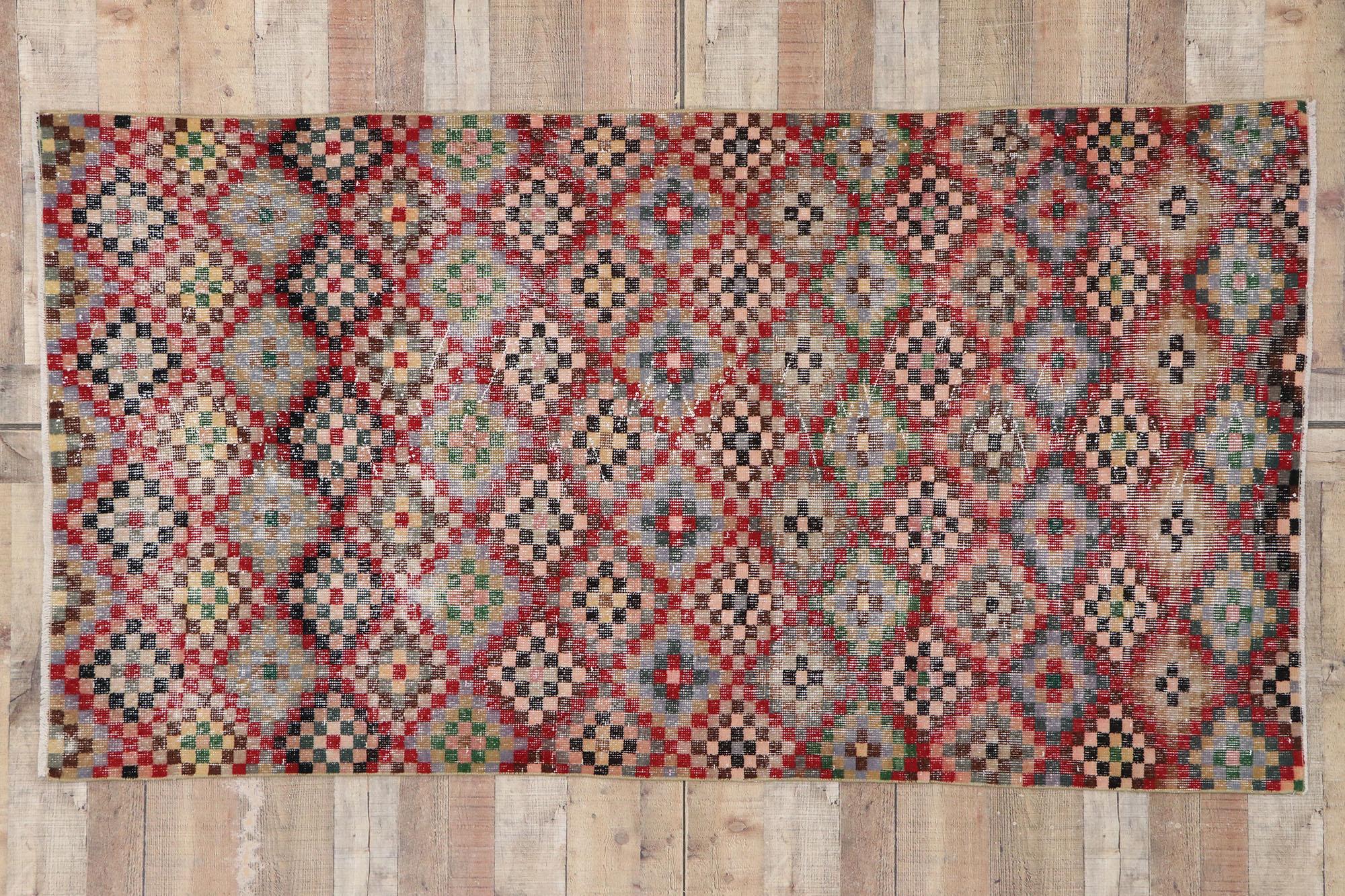 Distressed Vintage Turkish Sivas Rug with Modern Cubist Style For Sale 2