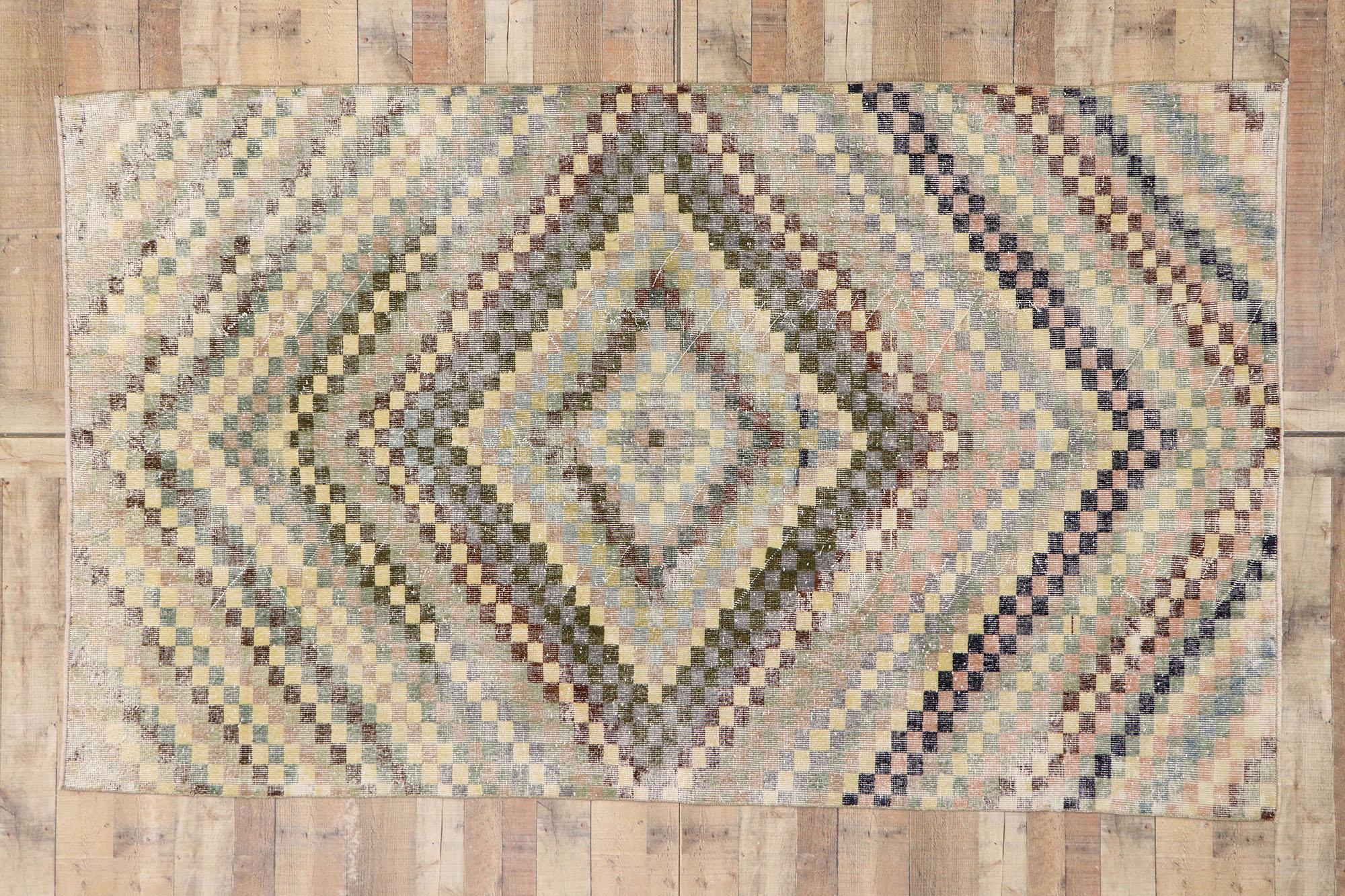 Lana Tappeto Sivas turco vintage con stile cubista moderno e rovinato in vendita