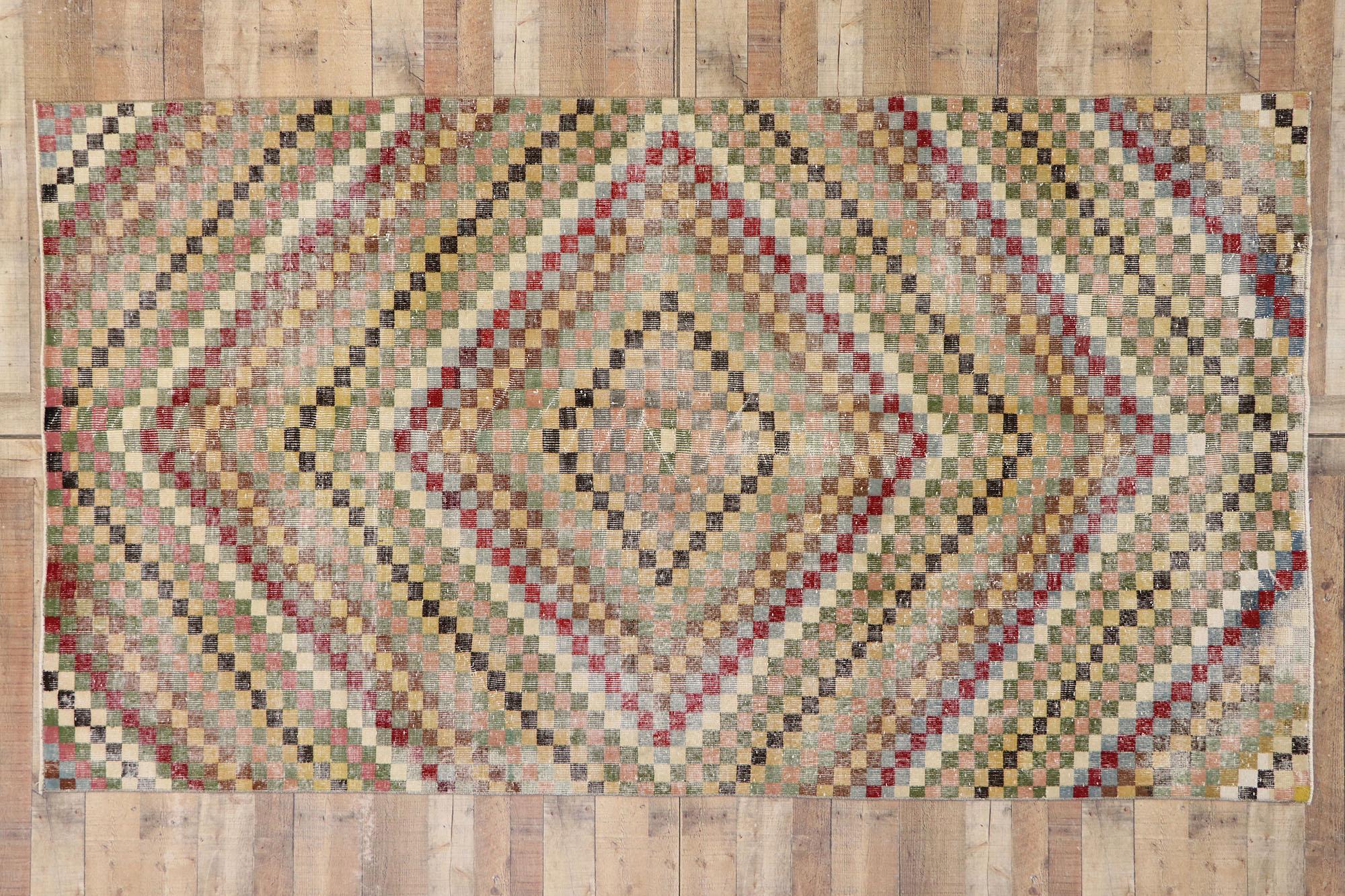 Distressed Vintage Turkish Sivas Rug with Modern Cubist Style For Sale 3