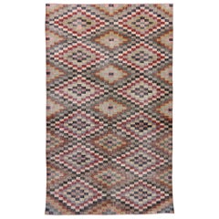 Mid-Century Modern Retro Checkered Turkish Sivas Carpet