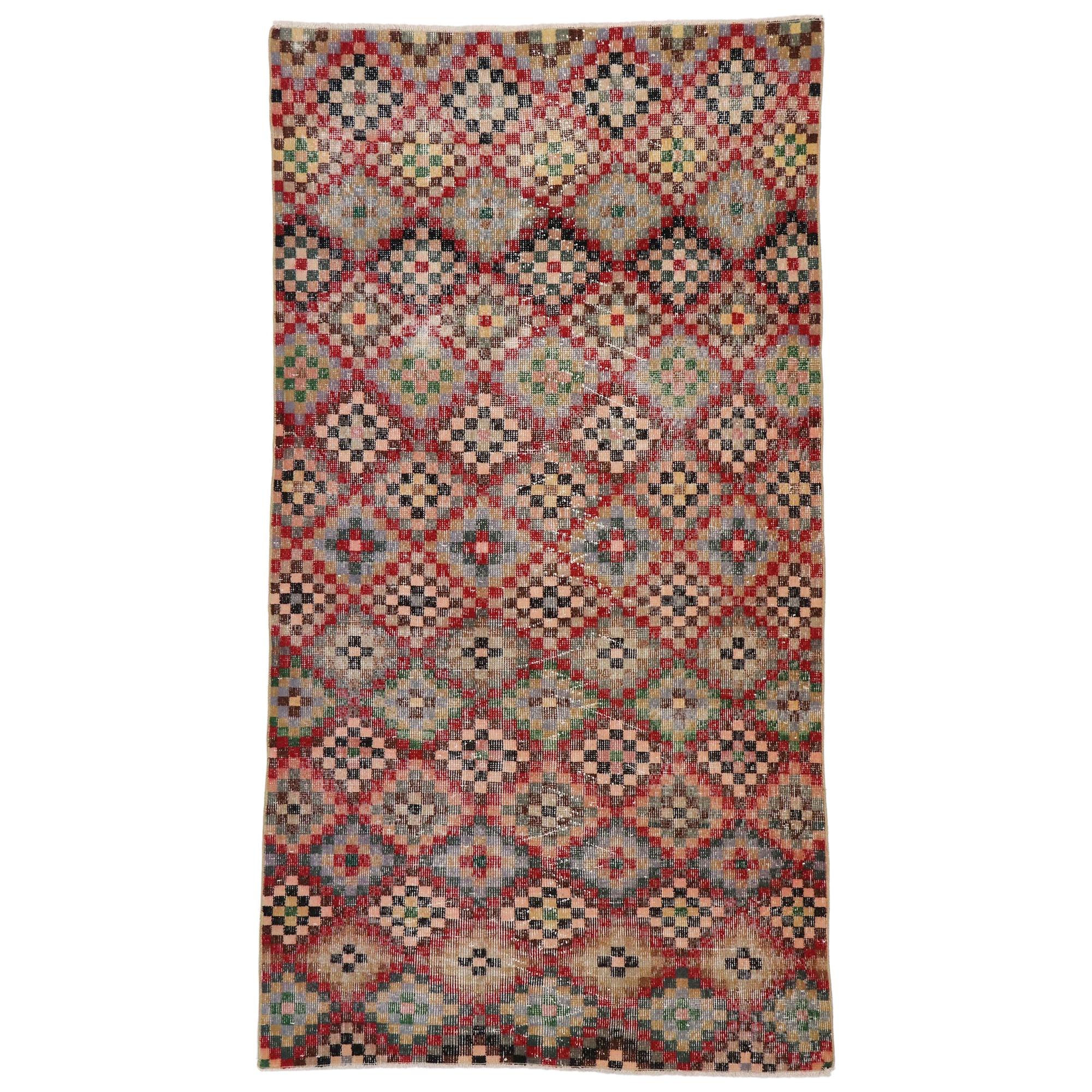 Distressed Vintage Turkish Sivas Rug with Modern Cubist Style For Sale