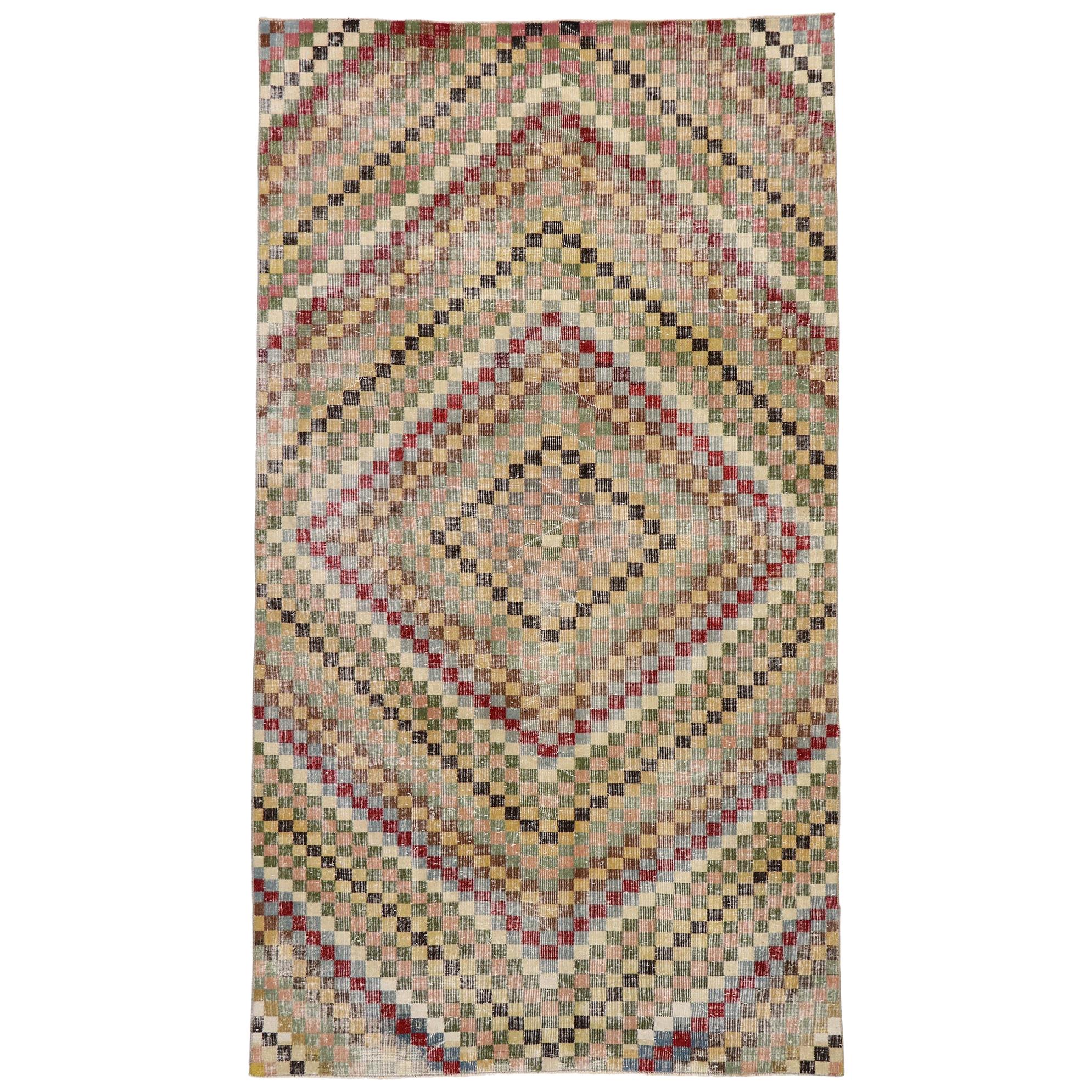 Distressed Vintage Turkish Sivas Rug with Modern Cubist Style For Sale