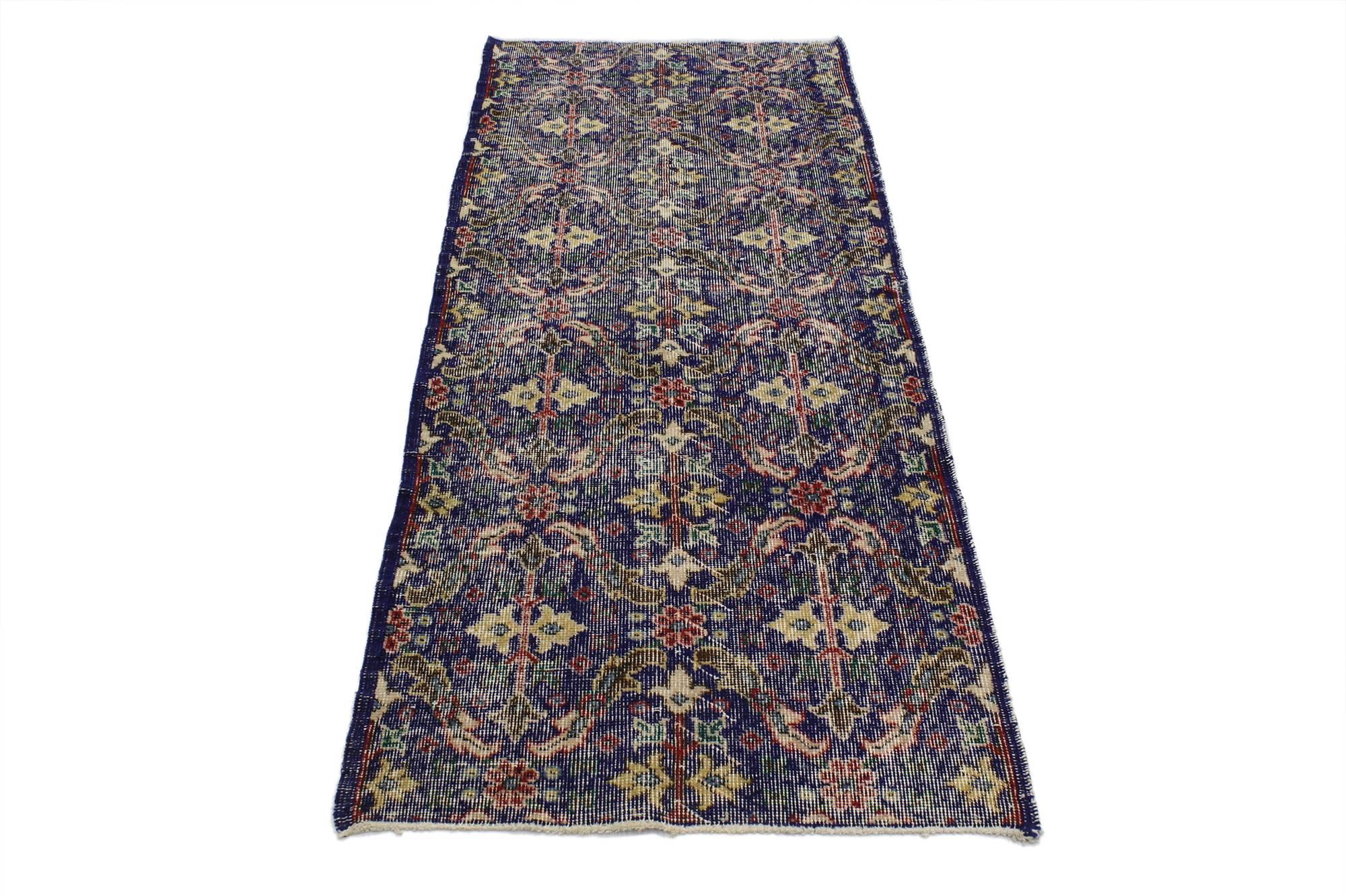 51926 distressed vintage Turkish Sivas rug with Modern Industrial Art Deco style. This hand knotted wool distressed vintage Turkish Sivas rug showcases a combination of Art Deco and Modern Industrial style. It features a diamond lattice and garden