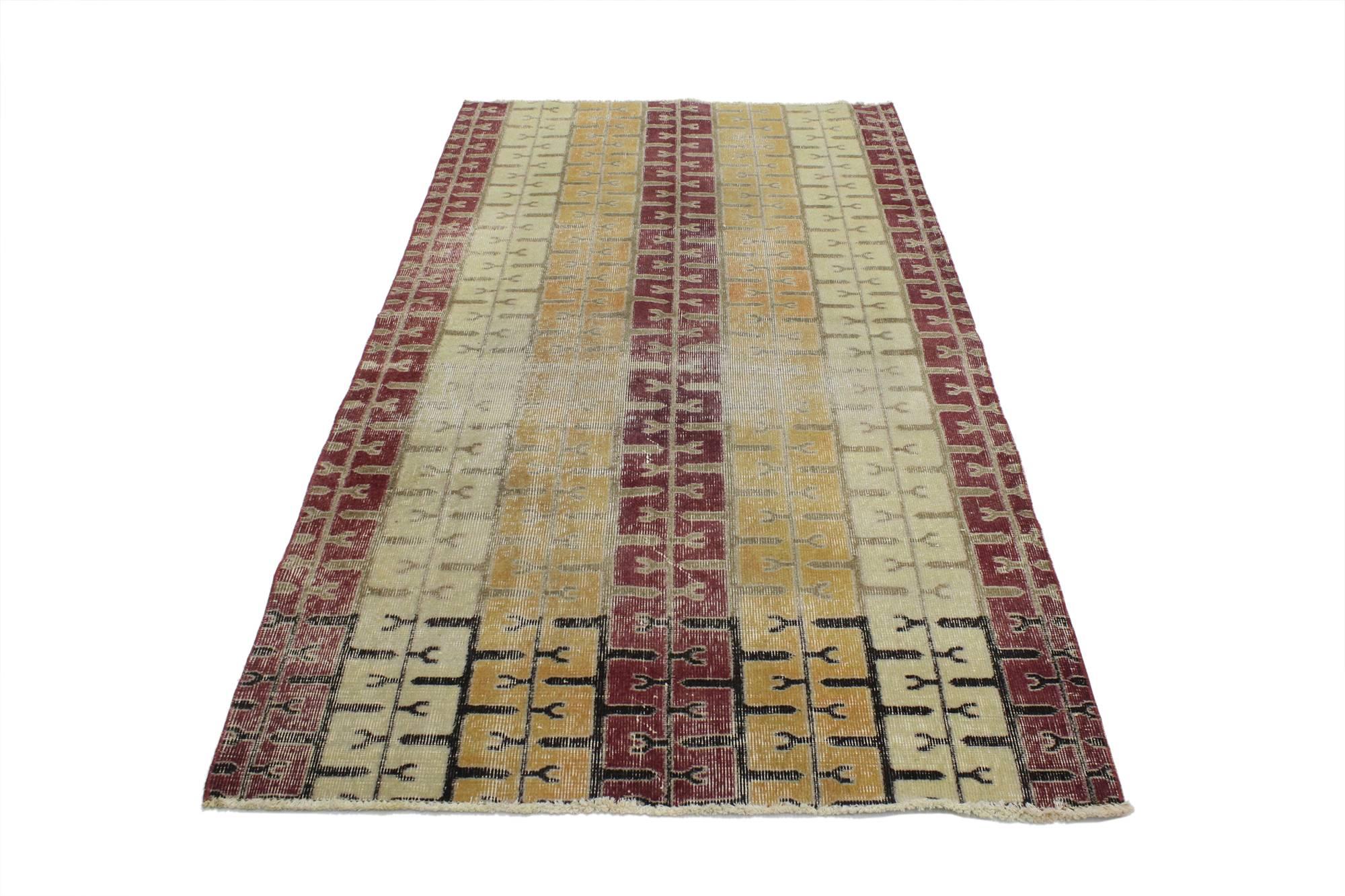 Hand-Knotted Zeki Muren Distressed Vintage Turkish Sivas Rug with Modern Art Deco Style For Sale