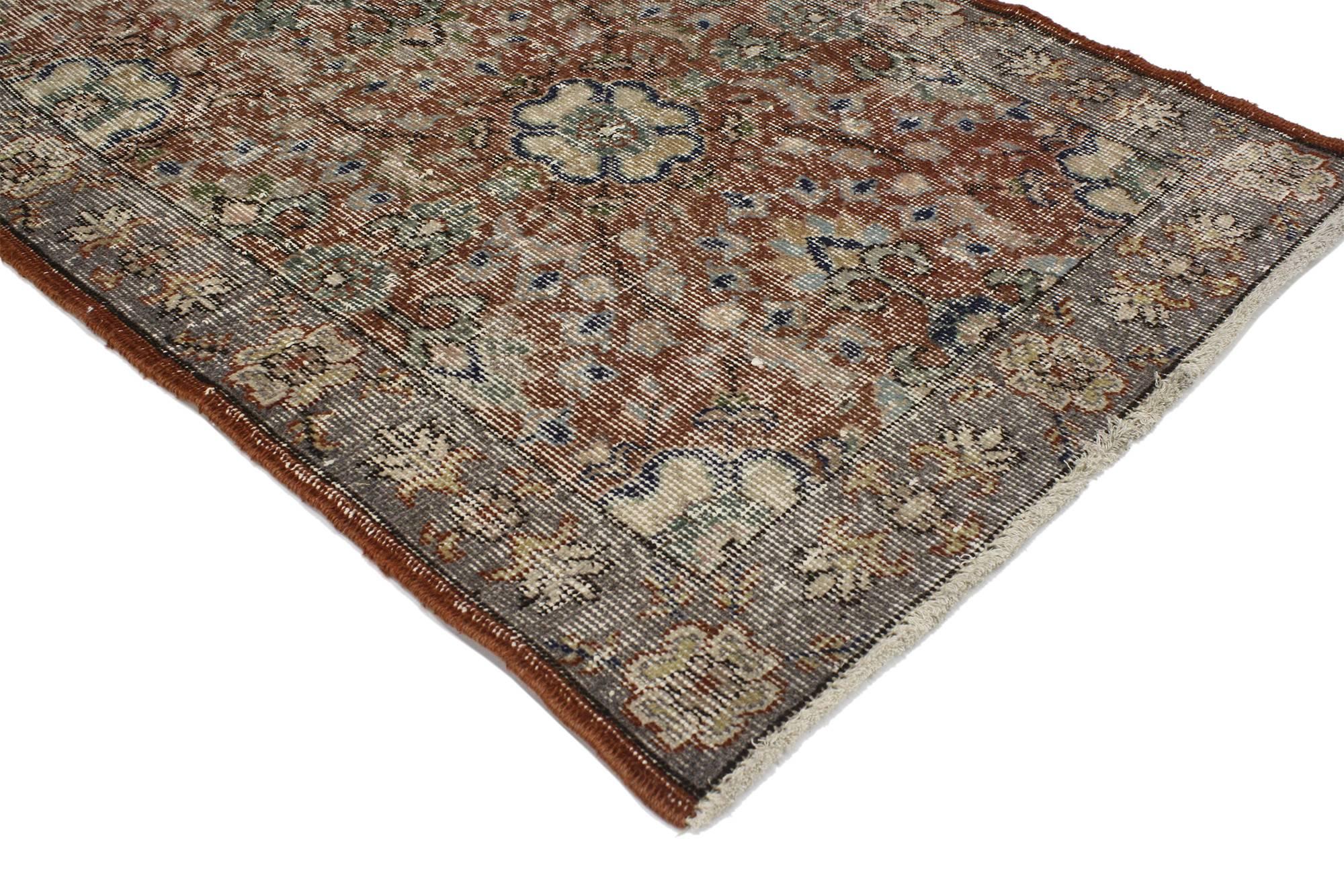 51967 Distressed Vintage Turkish Sivas Rug with Rustic Modern English Style 02'07 x 06'02. Balancing a timeless floral design with traditional sensibility and a lovingly timeworn patina, this hand knotted wool distressed vintage Turkish Sivas rug