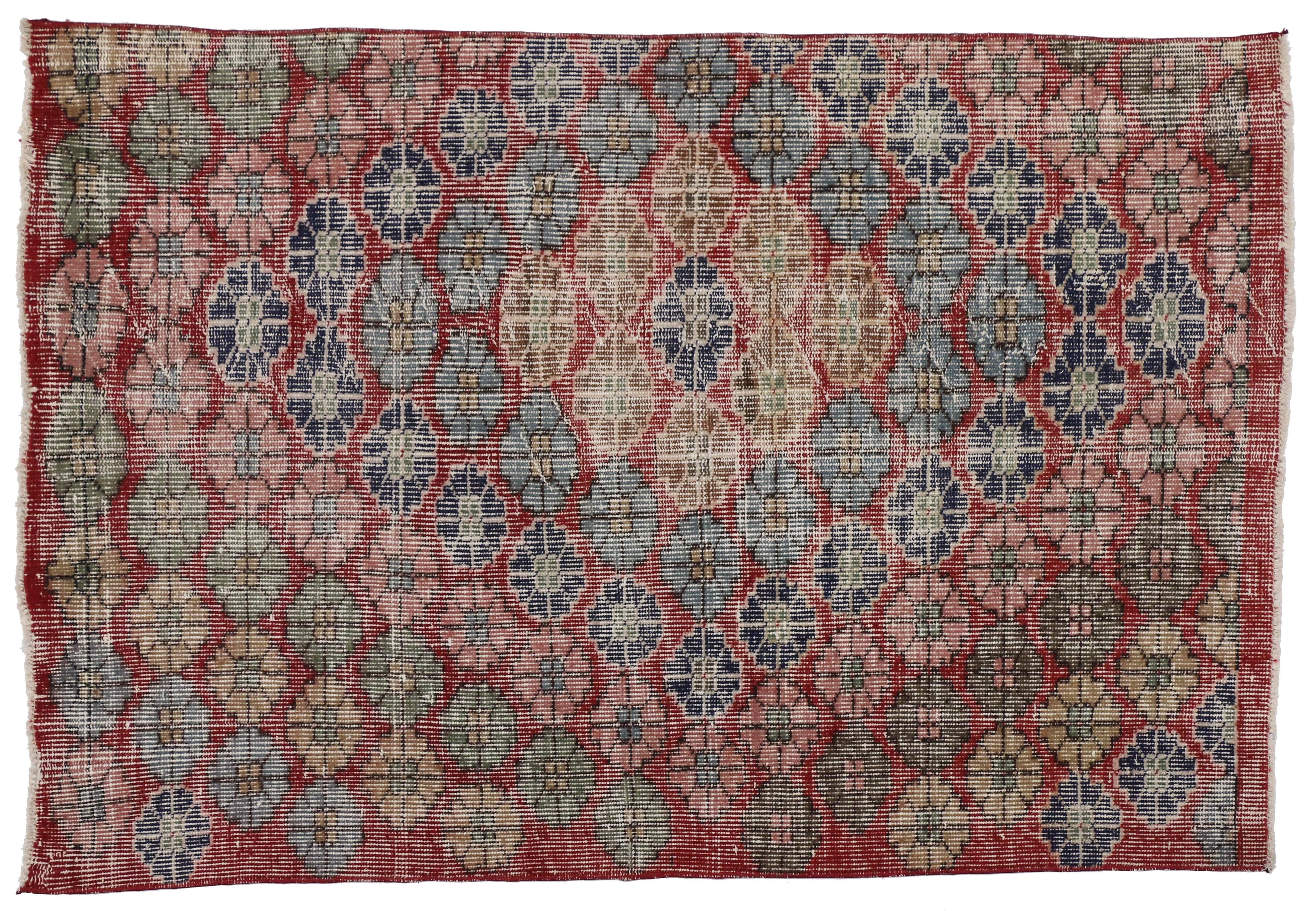 Distressed Vintage Turkish Sivas Rug with Modern Industrial Art Deco Style In Distressed Condition In Dallas, TX
