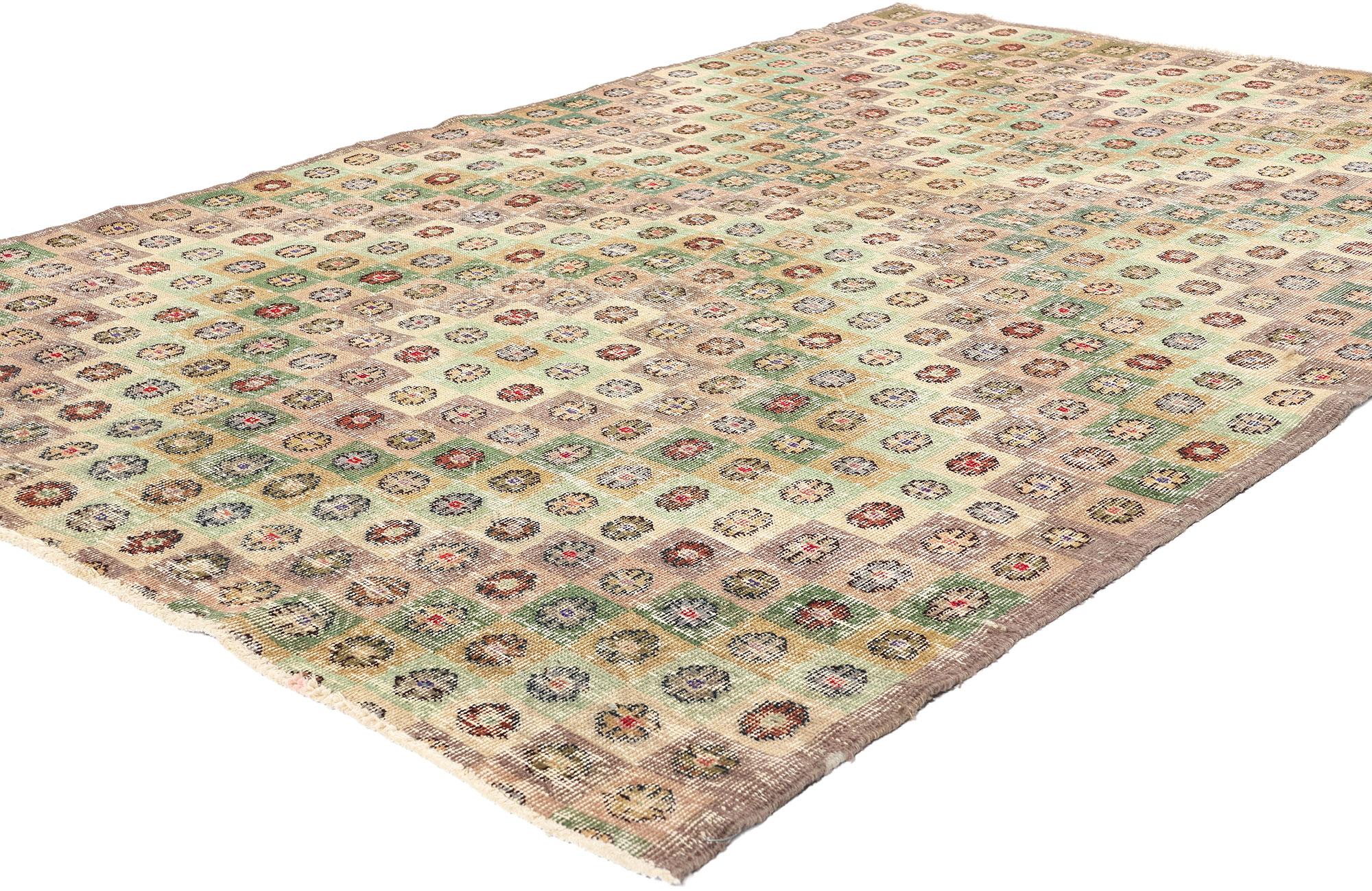 51998 Zeki Muren Vintage Turkish Sivas Rug, 05'03 x 07'09. Nestled amidst the tranquil landscapes of Turkey's Sivas region, Zeki Muren Turkish Sivas rugs pay tribute to the esteemed Turkish singer who inspired their name. Celebrated for their