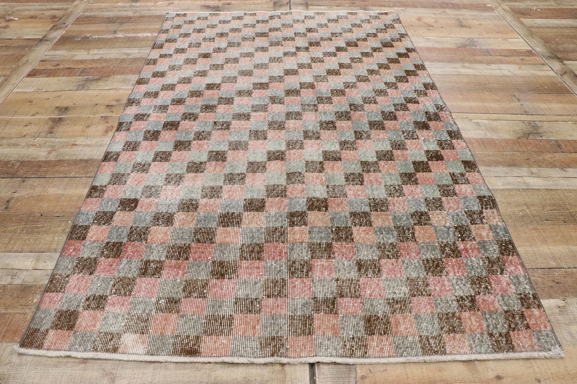 Distressed Vintage Turkish Sivas Rug with Modern Industrial Cubism Style For Sale 2